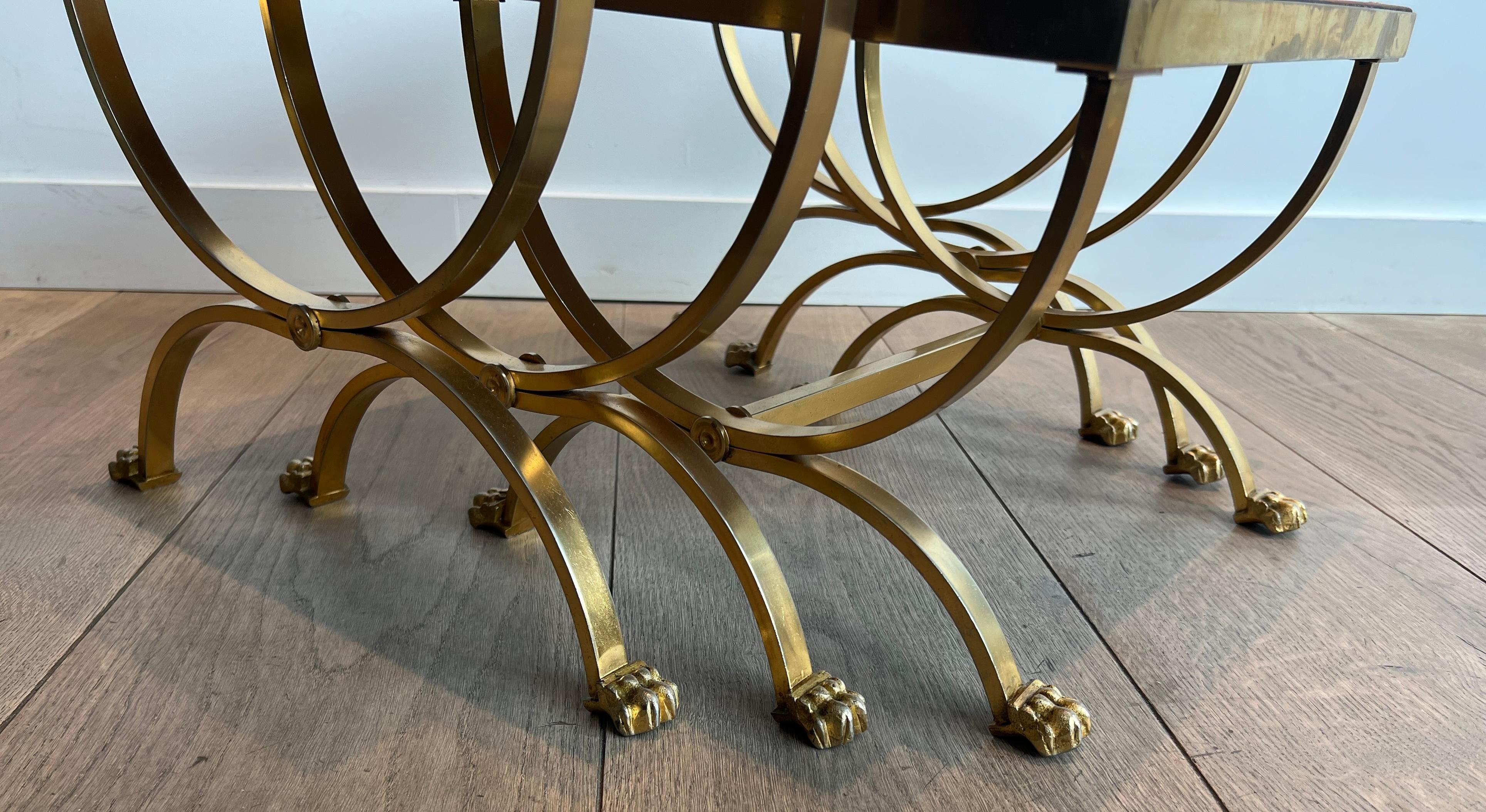 Set of Gilt Metal Nesting Tables with Claw Feet & Leather Tops by Maison Jansen For Sale 5
