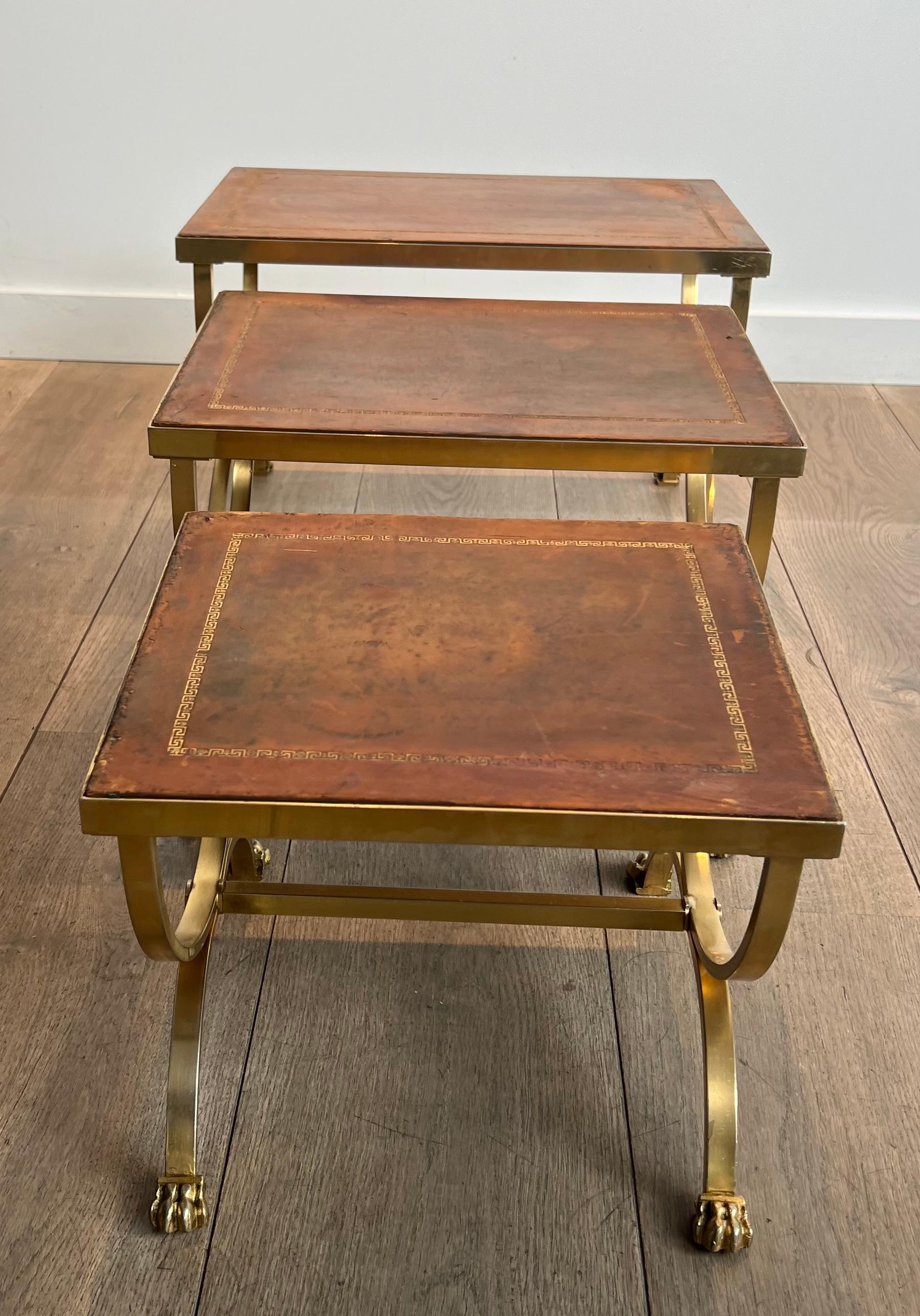 Set of Gilt Metal Nesting Tables with Claw Feet & Leather Tops by Maison Jansen For Sale 7