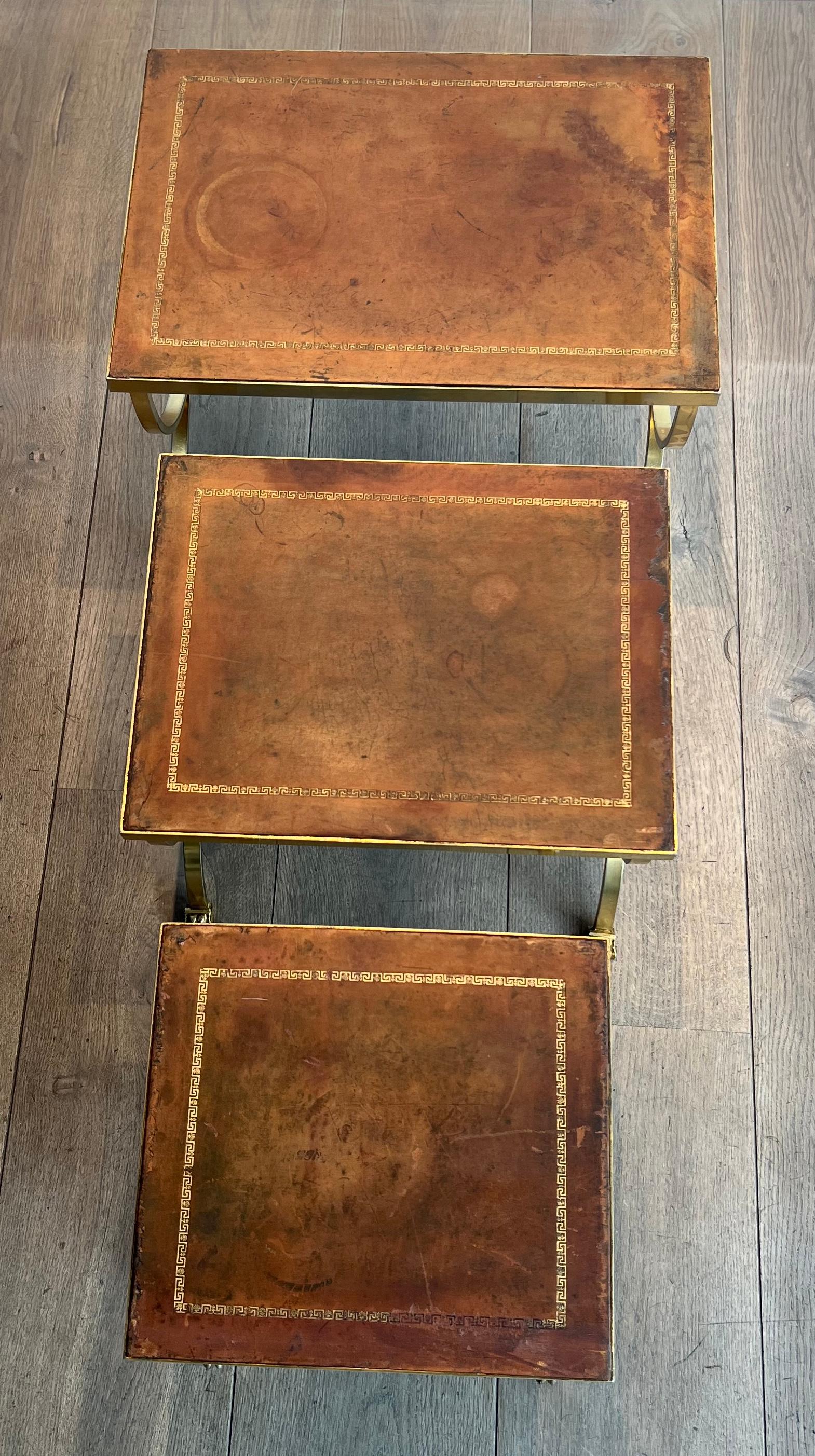 Set of Gilt Metal Nesting Tables with Claw Feet & Leather Tops by Maison Jansen For Sale 8