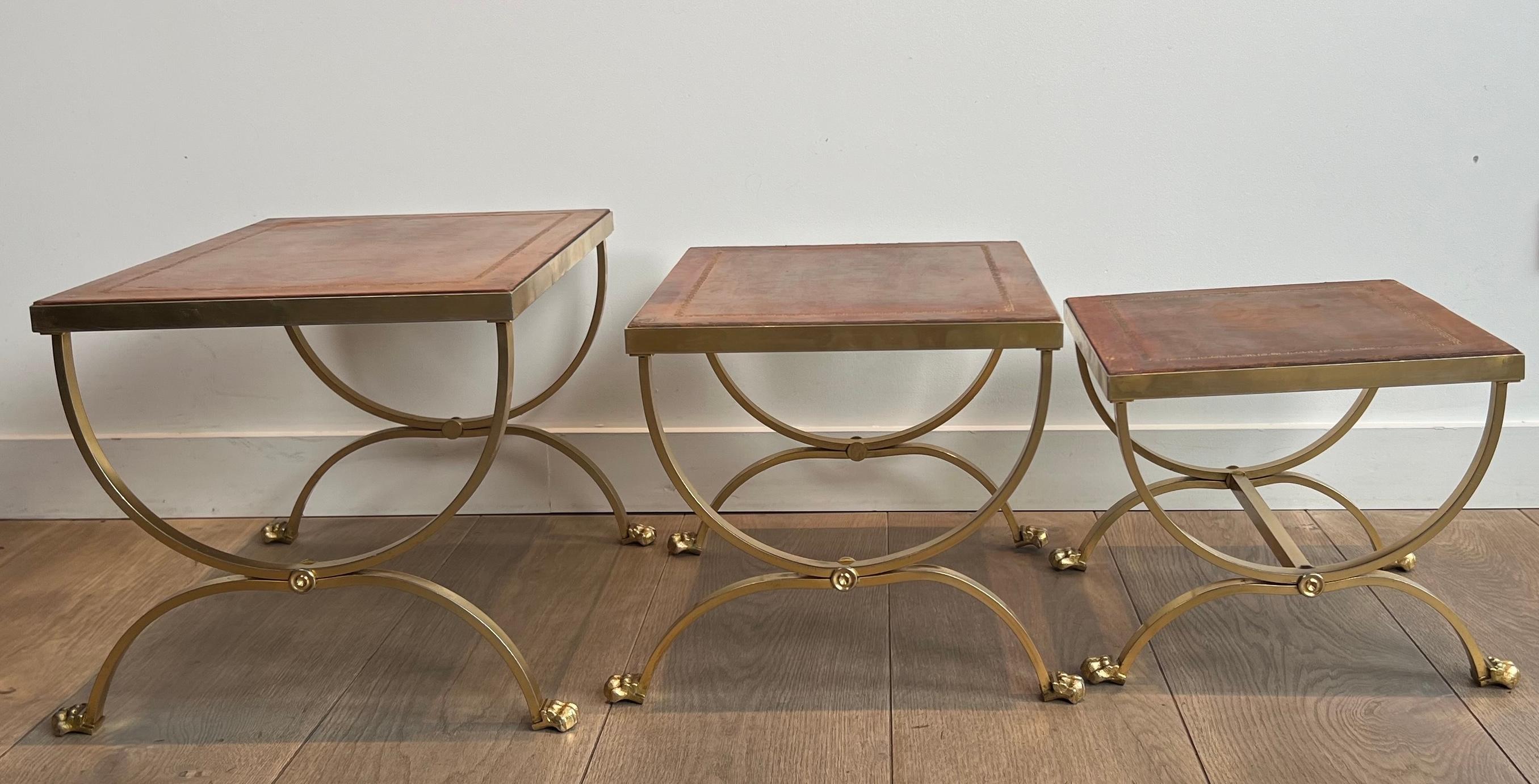 Set of Gilt Metal Nesting Tables with Claw Feet & Leather Tops by Maison Jansen For Sale 9