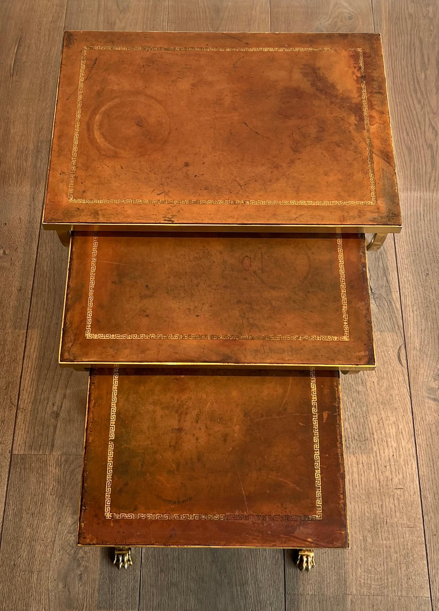 Set of Gilt Metal Nesting Tables with Claw Feet & Leather Tops by Maison Jansen For Sale 2