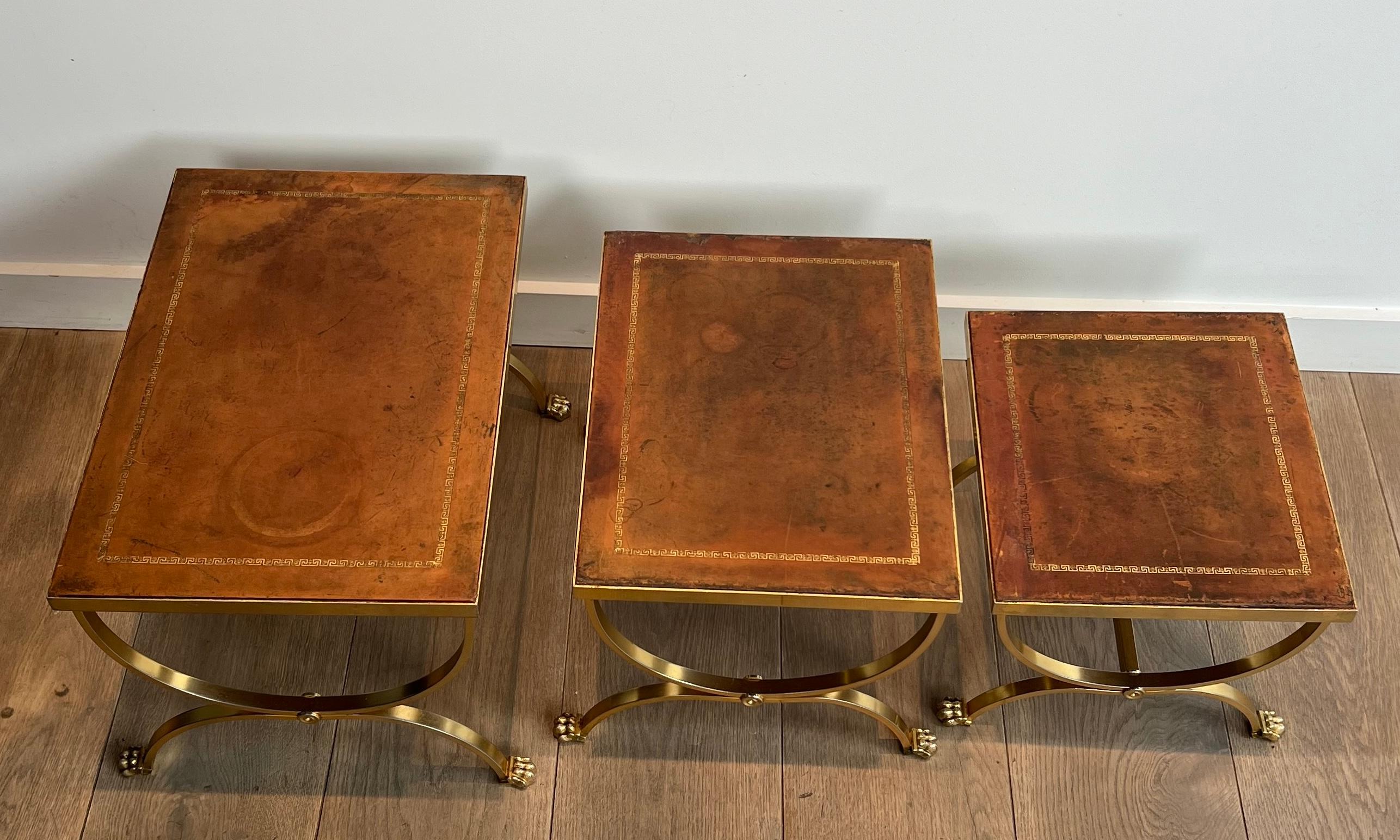 Set of Gilt Metal Nesting Tables with Claw Feet & Leather Tops by Maison Jansen For Sale 3