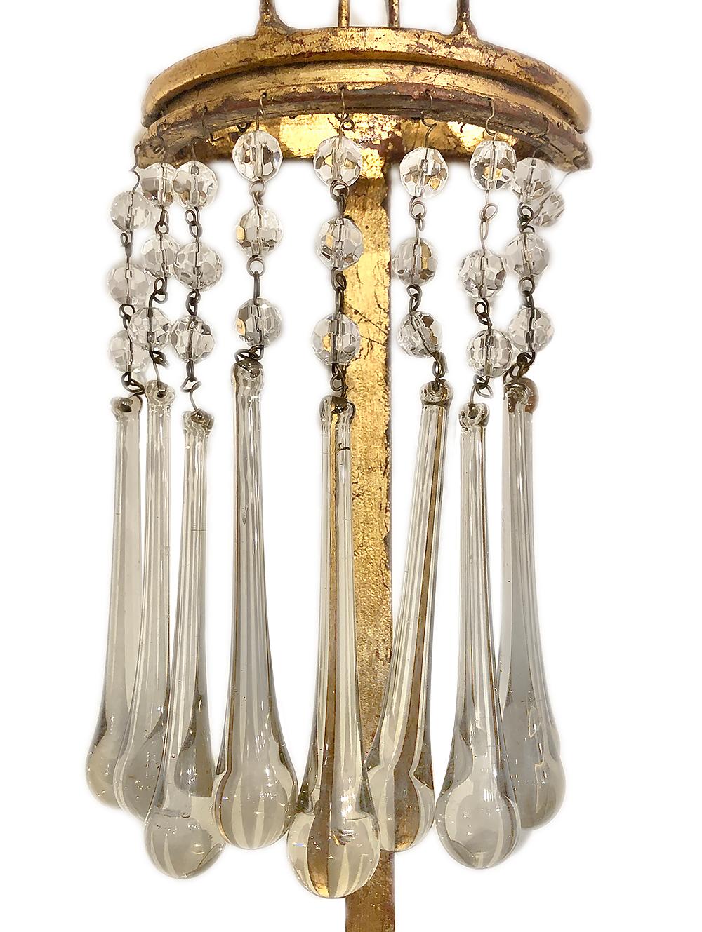 French Set of Gilt Metal Sconces and Glass Drop Sconces, Sold Per Pair For Sale