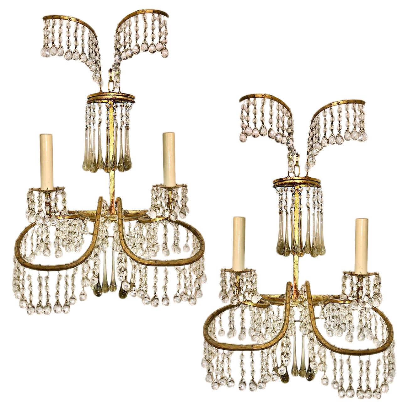 Set of Gilt Metal Sconces and Glass Drop Sconces, Sold Per Pair For Sale