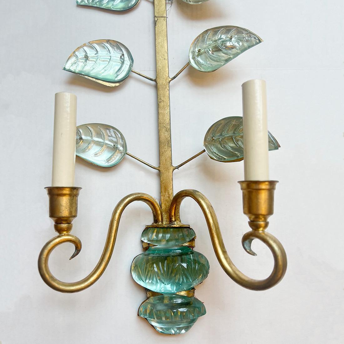 Set of Gilt Metal Sconces Crystal Leaves and Flowers, Sold per Pair In Good Condition For Sale In New York, NY