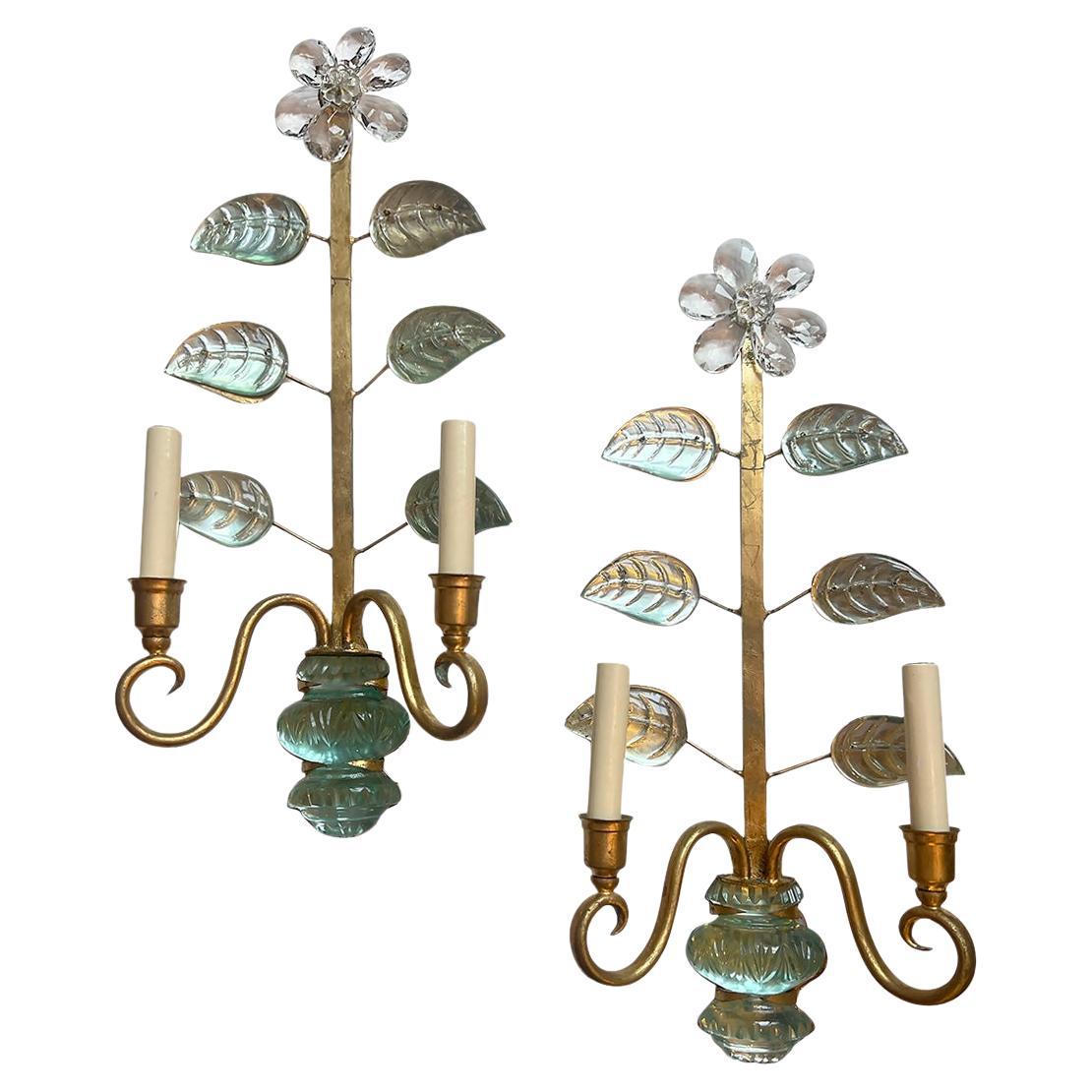 Set of Gilt Metal Sconces Crystal Leaves and Flowers, Sold per Pair