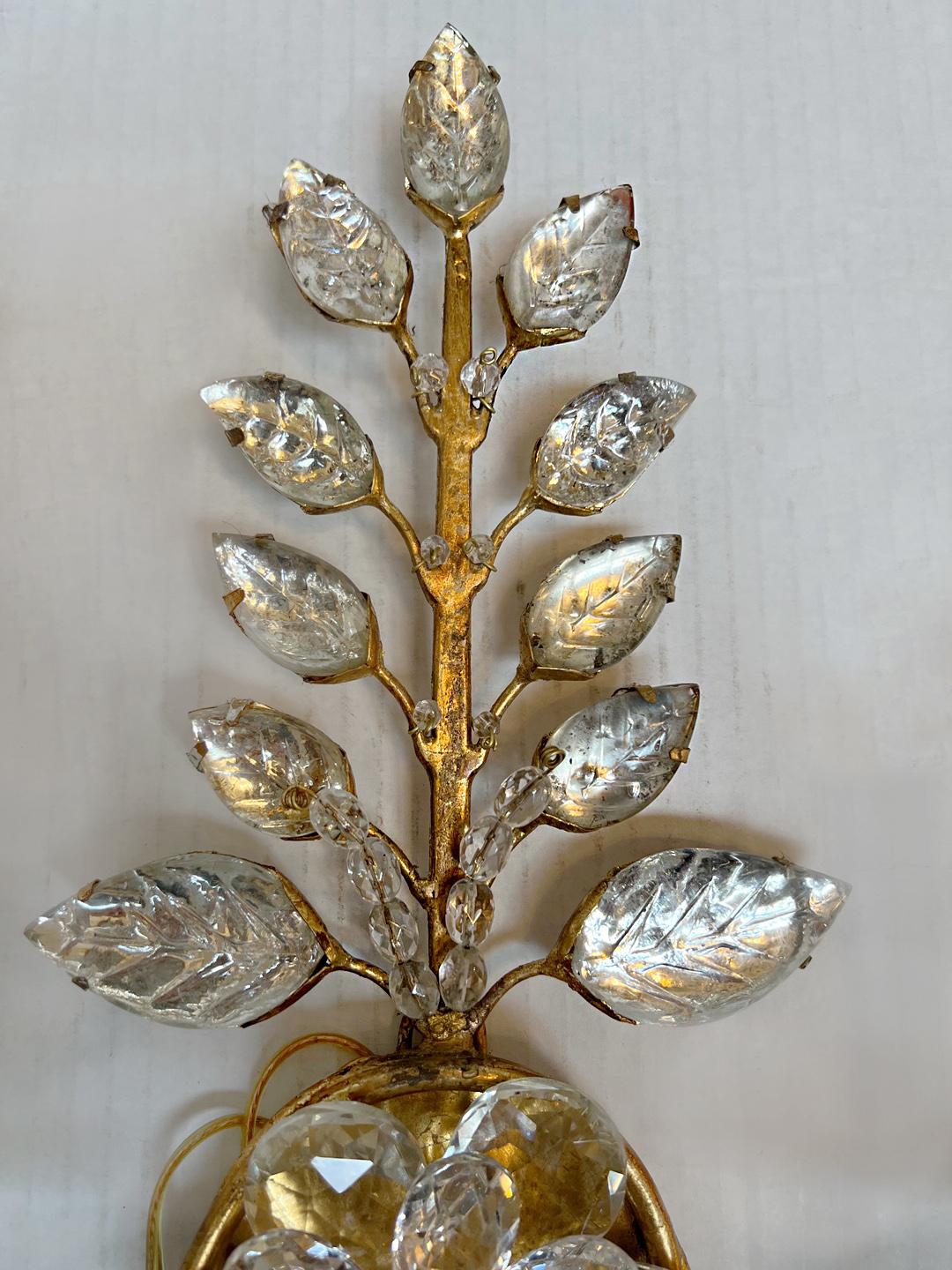 French Set of Gilt Metal Sconces with Molded Glass Leaves. Sold in Pairs For Sale