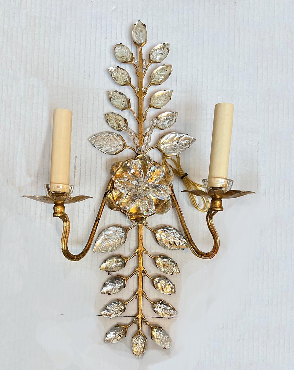 Set of circa 1940's French gilt metal sconces with molded glass leaves and crystal flowers. Sold in Pairs

Measurements:
Height: 20