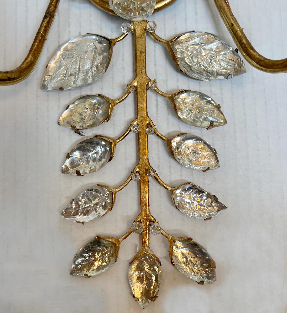 Set of Gilt Metal Sconces with Molded Glass Leaves. Sold in Pairs For Sale 2