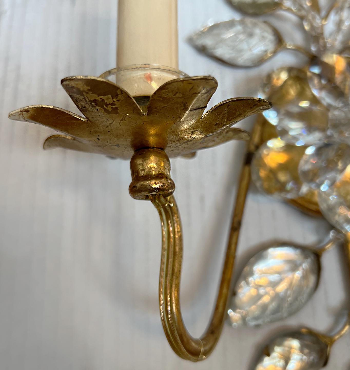 Mid-20th Century Set of Gilt Metal Sconces with Molded Glass Leaves. Sold in Pairs For Sale