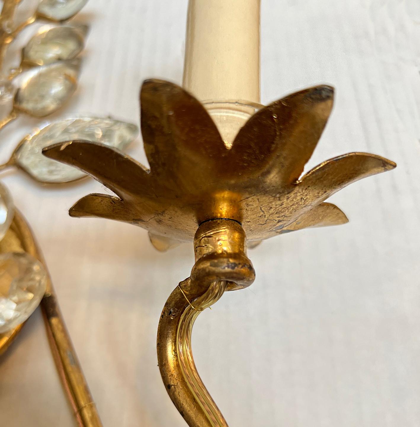 Set of Gilt Metal Sconces with Molded Glass Leaves. Sold in Pairs For Sale 1