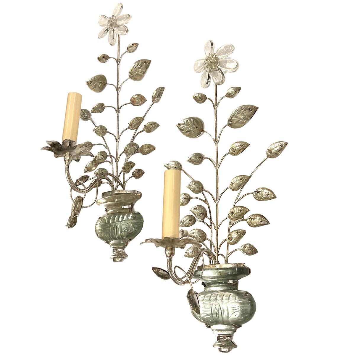 Set of four circa 1940’s French single-arm silver-leafed metal sconces with molded glass leaves & body and applied flowers. Sold per pair.

Measurements:
Height: 19