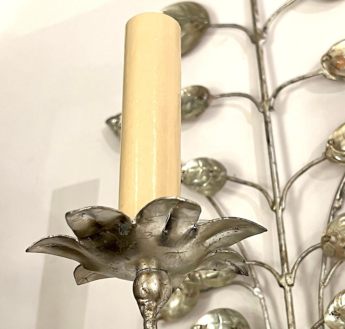 Set of Silver Leaf Sconces with Molded Glass Leaves, Sold Per Pair For Sale 1