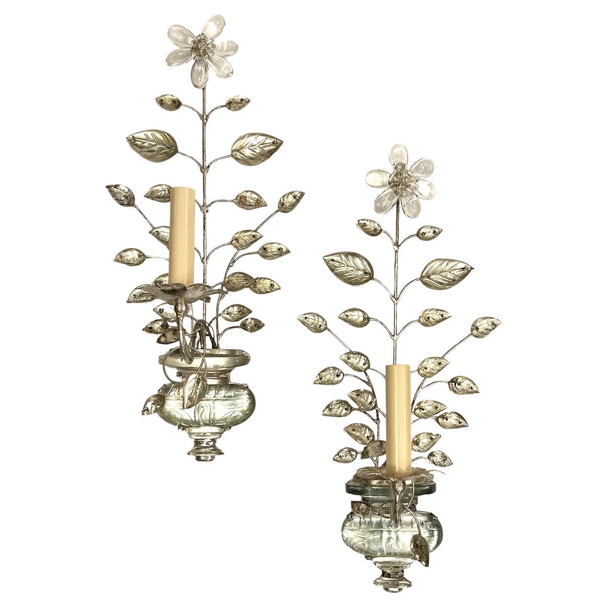 Set of Silver Leaf Sconces with Molded Glass Leaves, Sold Per Pair For Sale