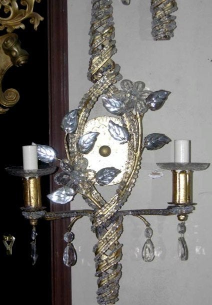 French Set of Gilt Sconces with Crystals, Sold Per Pair For Sale