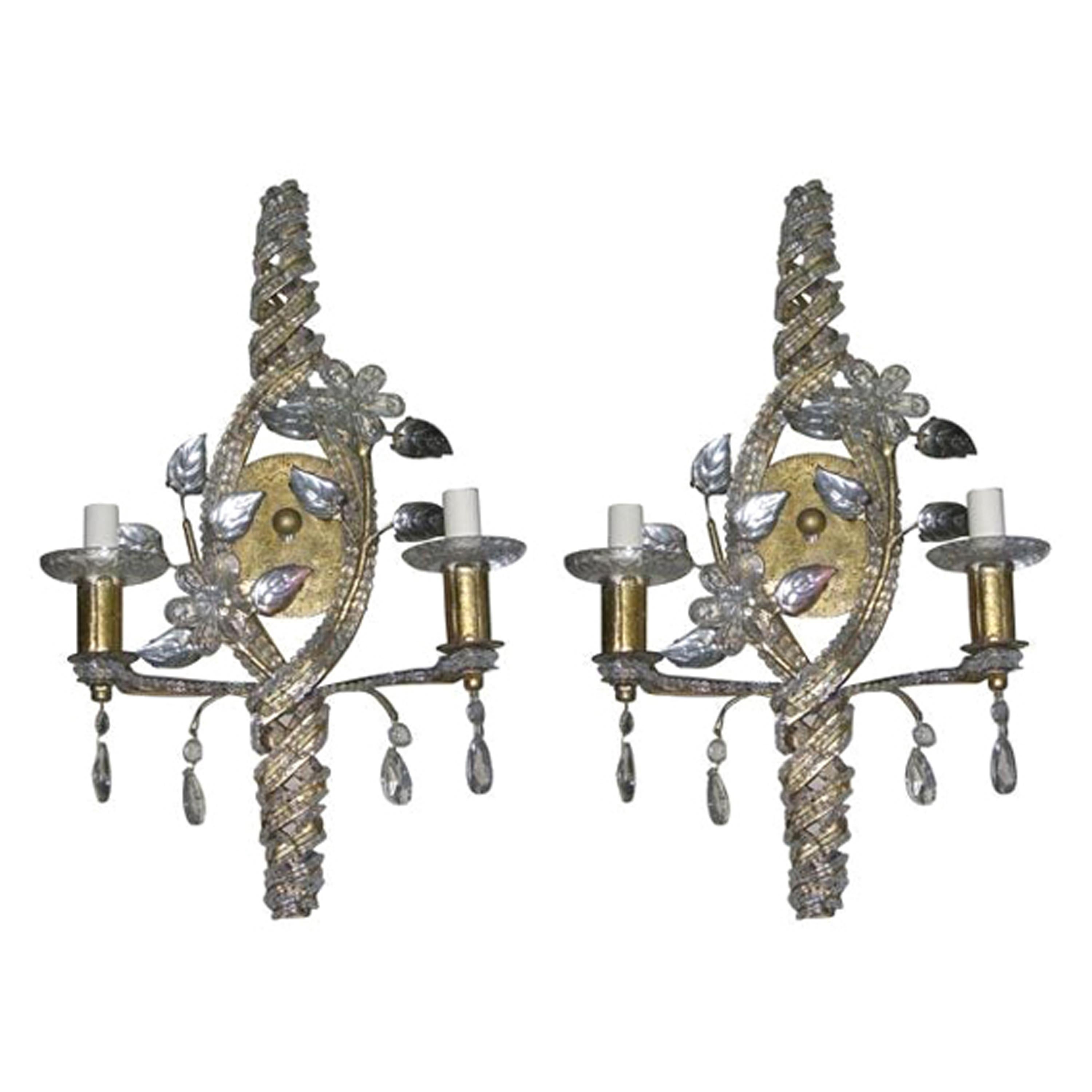 Set of Gilt Sconces with Crystals, Sold Per Pair For Sale