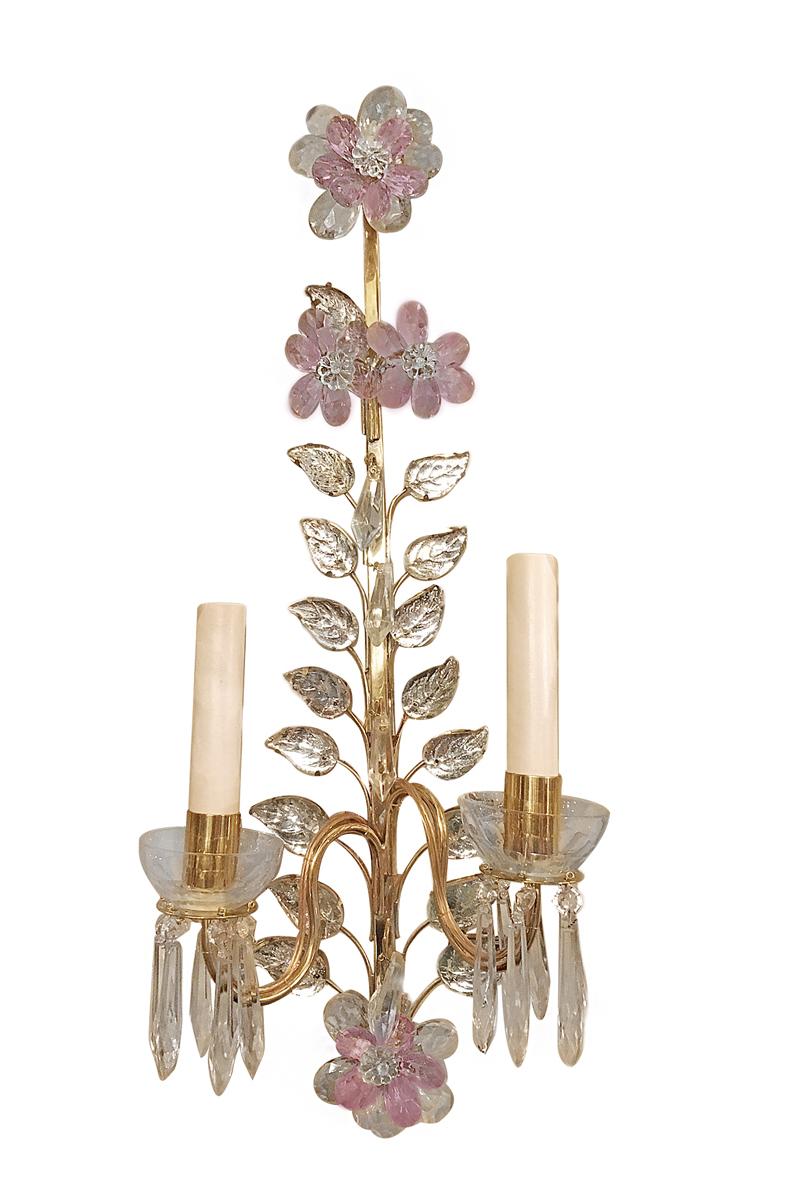 Set of 4 French, 1960s gilt bronze sconces with molded glass leaves and pink crystal flowers. Sold per pair.

Measurements:
Height 21.5