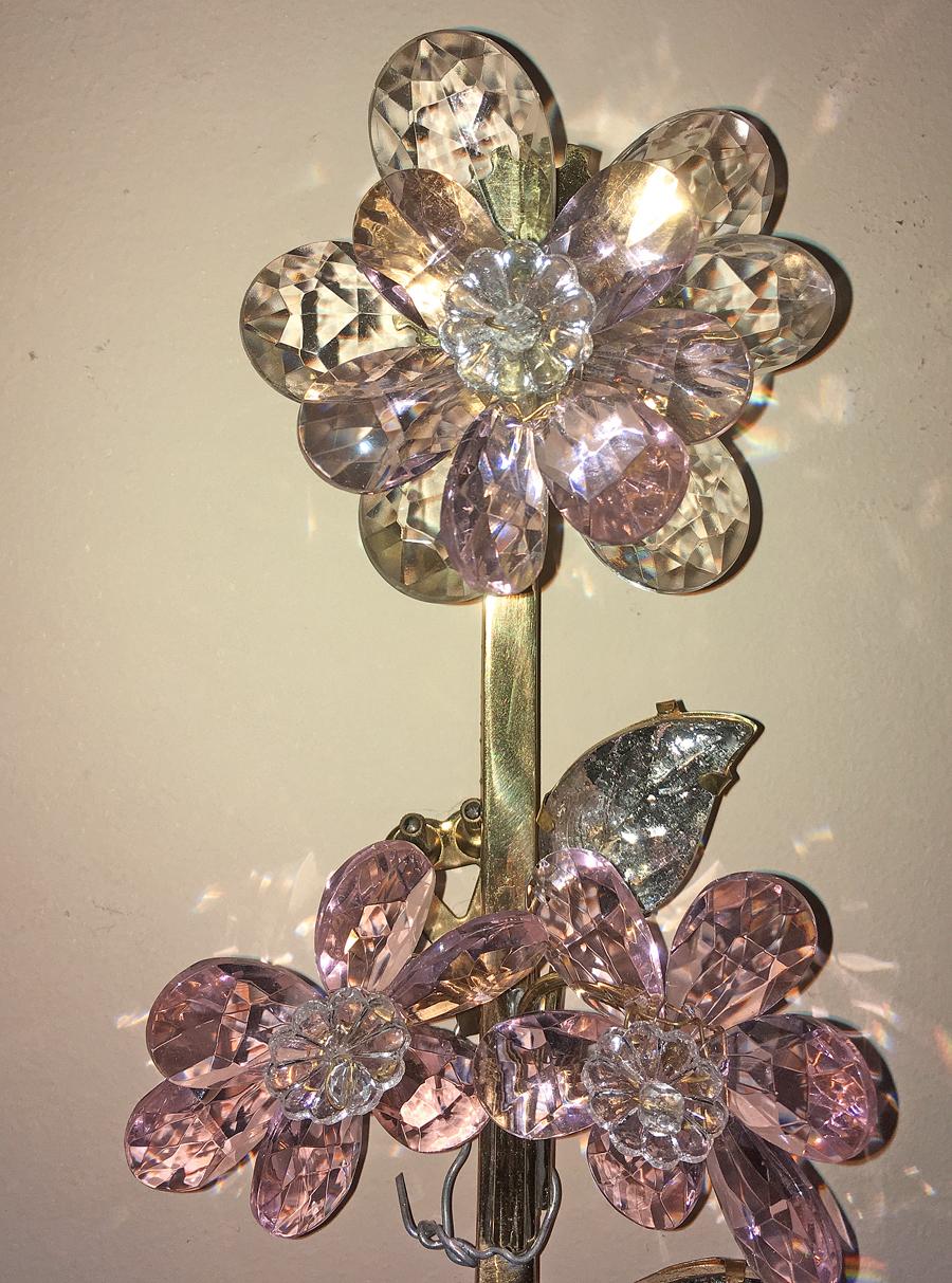 French Set of Gilt Sconces with Pink Crystal Flowers, Sold in Pairs For Sale