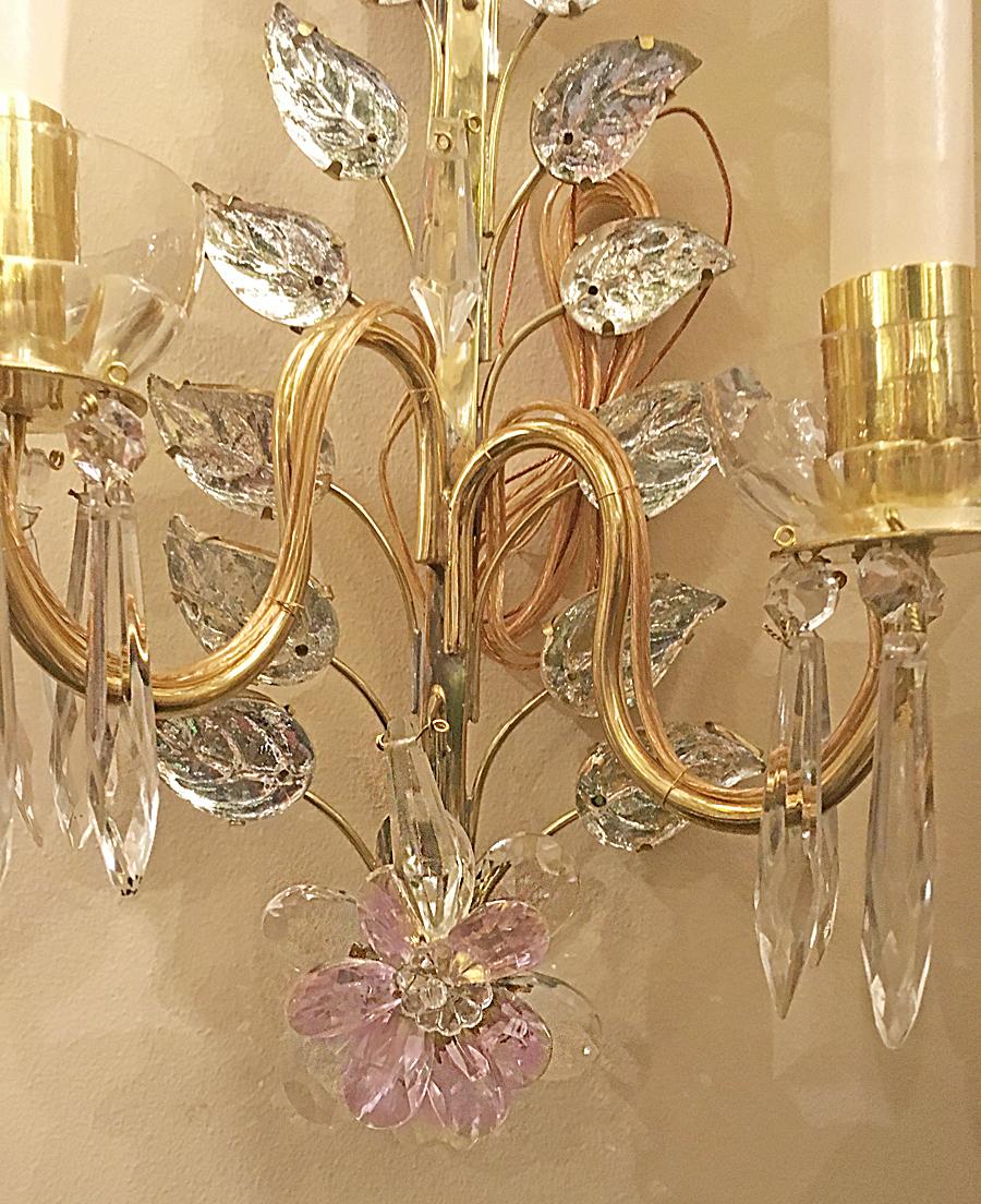 Set of Gilt Sconces with Pink Crystal Flowers, Sold in Pairs In Good Condition For Sale In New York, NY