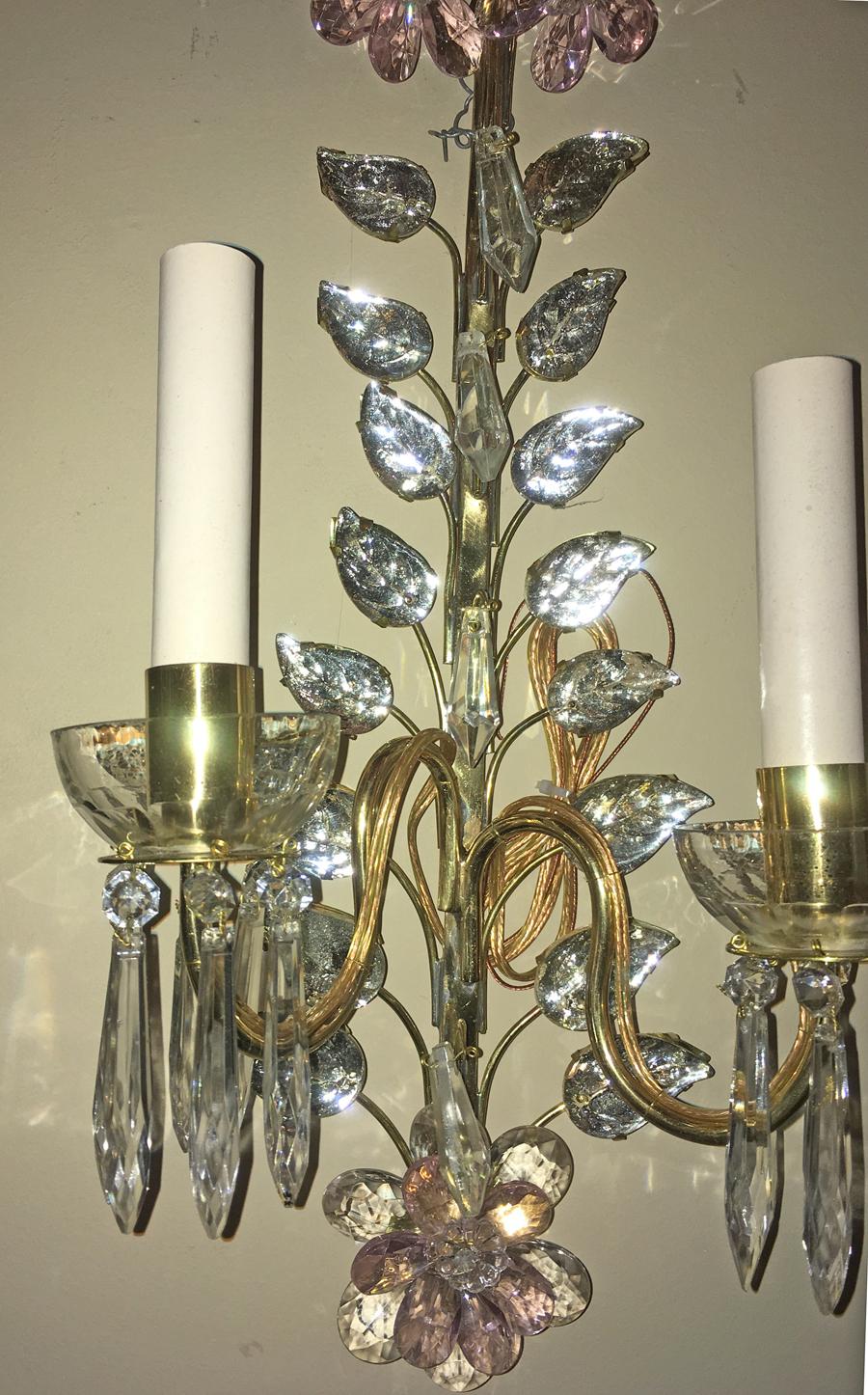 20th Century Set of Gilt Sconces with Pink Crystal Flowers, Sold in Pairs For Sale