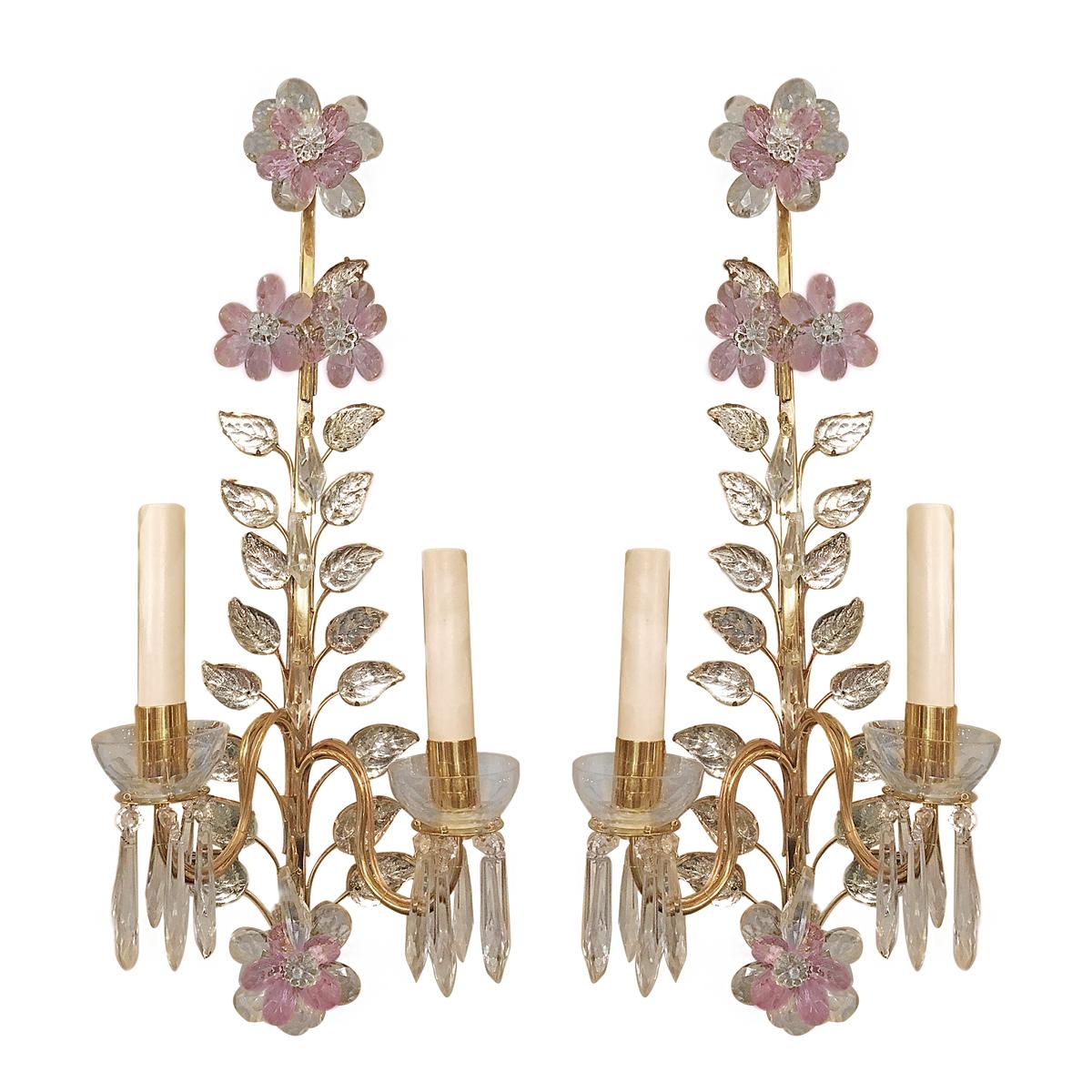 Set of Gilt Sconces with Pink Crystal Flowers, Sold in Pairs For Sale