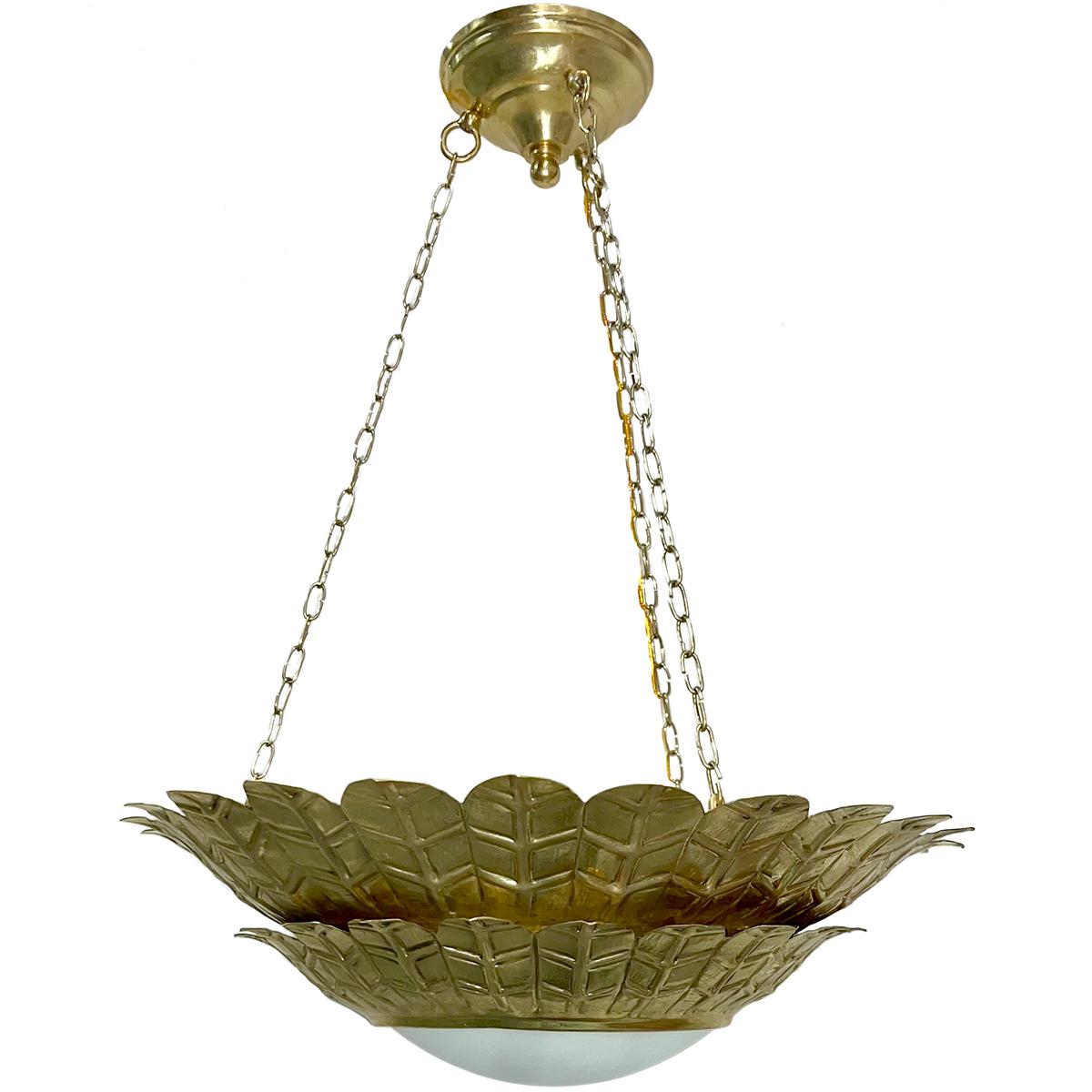 Set of 6 French 1940s double-tiered repousse' gilt light fixtures with interior lights. Sold individually.

Measurements:
Diameter 18
