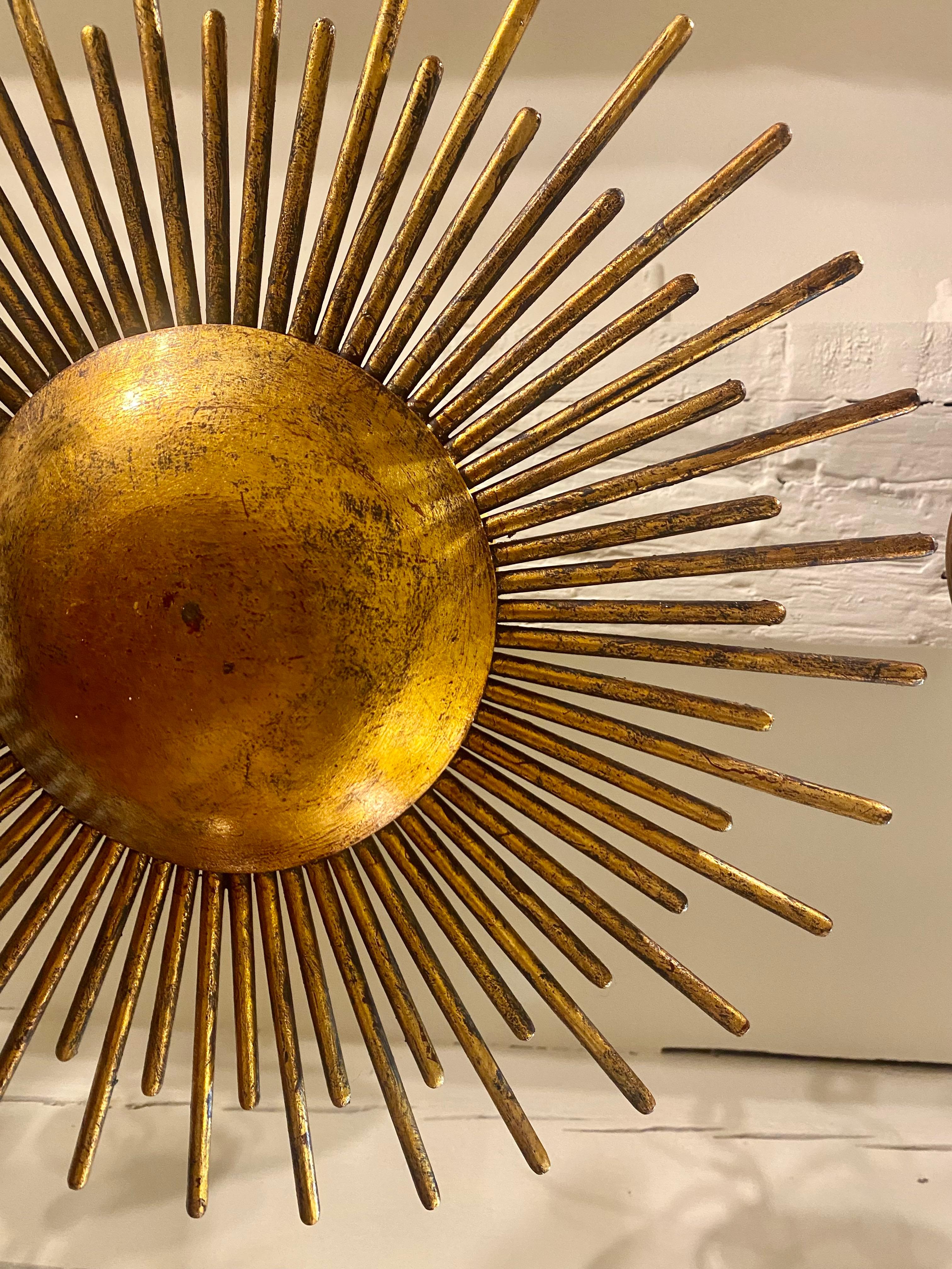 Mid-20th Century Set of Gilt Sunburst Light Fixtures, Sold Individually For Sale