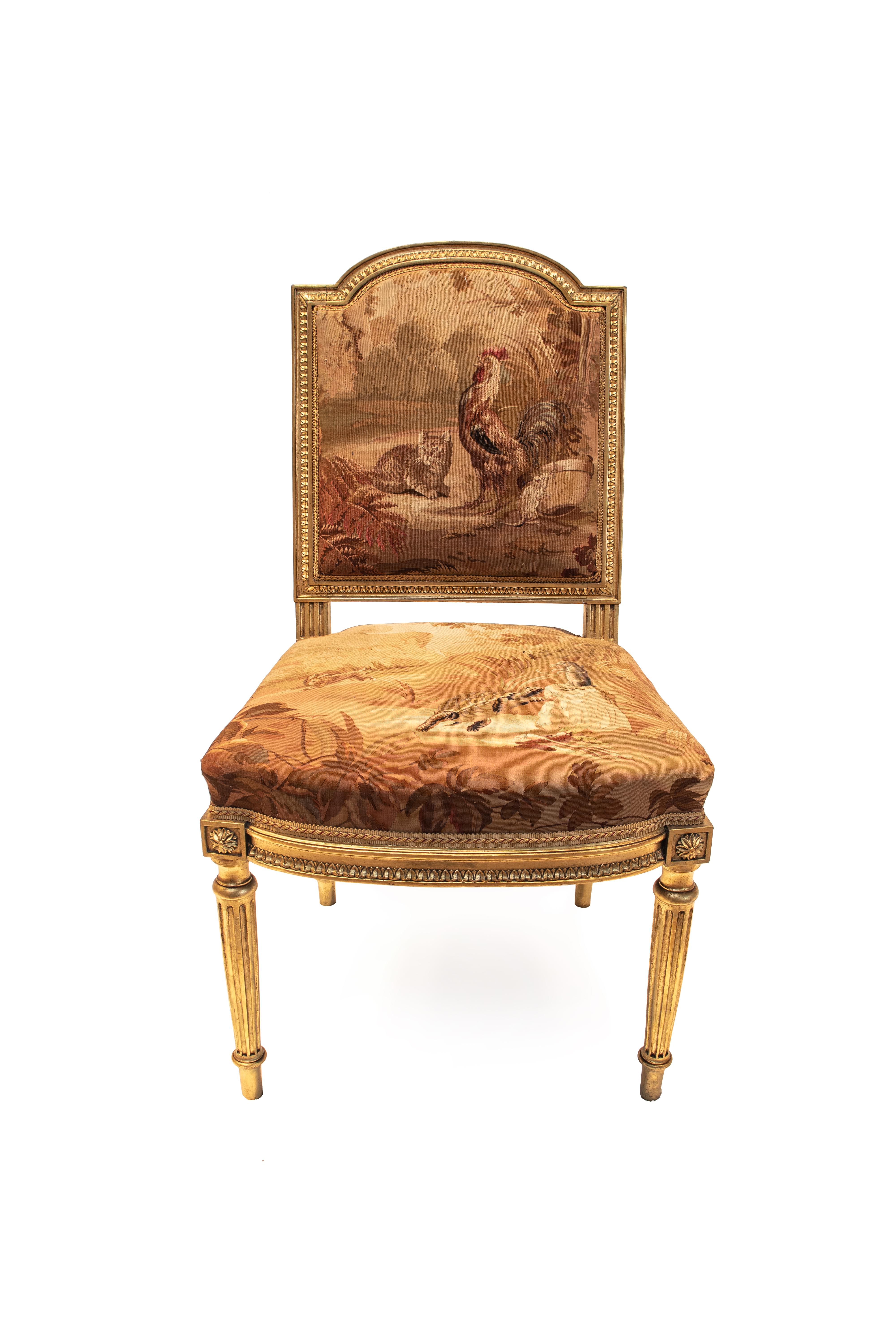 Giltwood seating set comprising of four side chairs and four armchairs. All Aubusson's needlework back and seats depict scenes from Aesop's Fables. 

There is a long tradition of manufacturing intricate and valuable tapestries in the little French