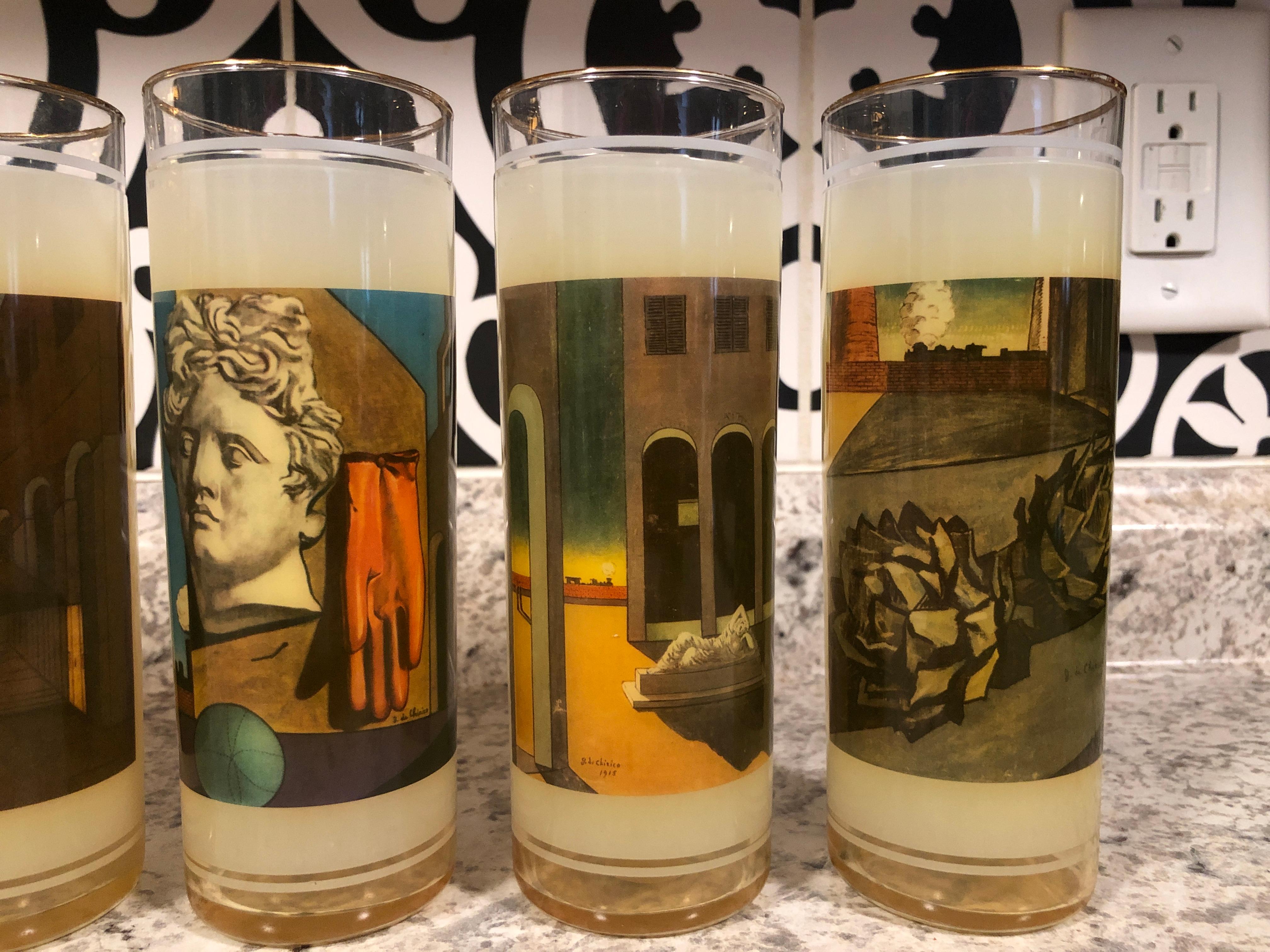 Rare Set Of 6 Giorgio De Chirico Inspired Drinking Highball Glasses.