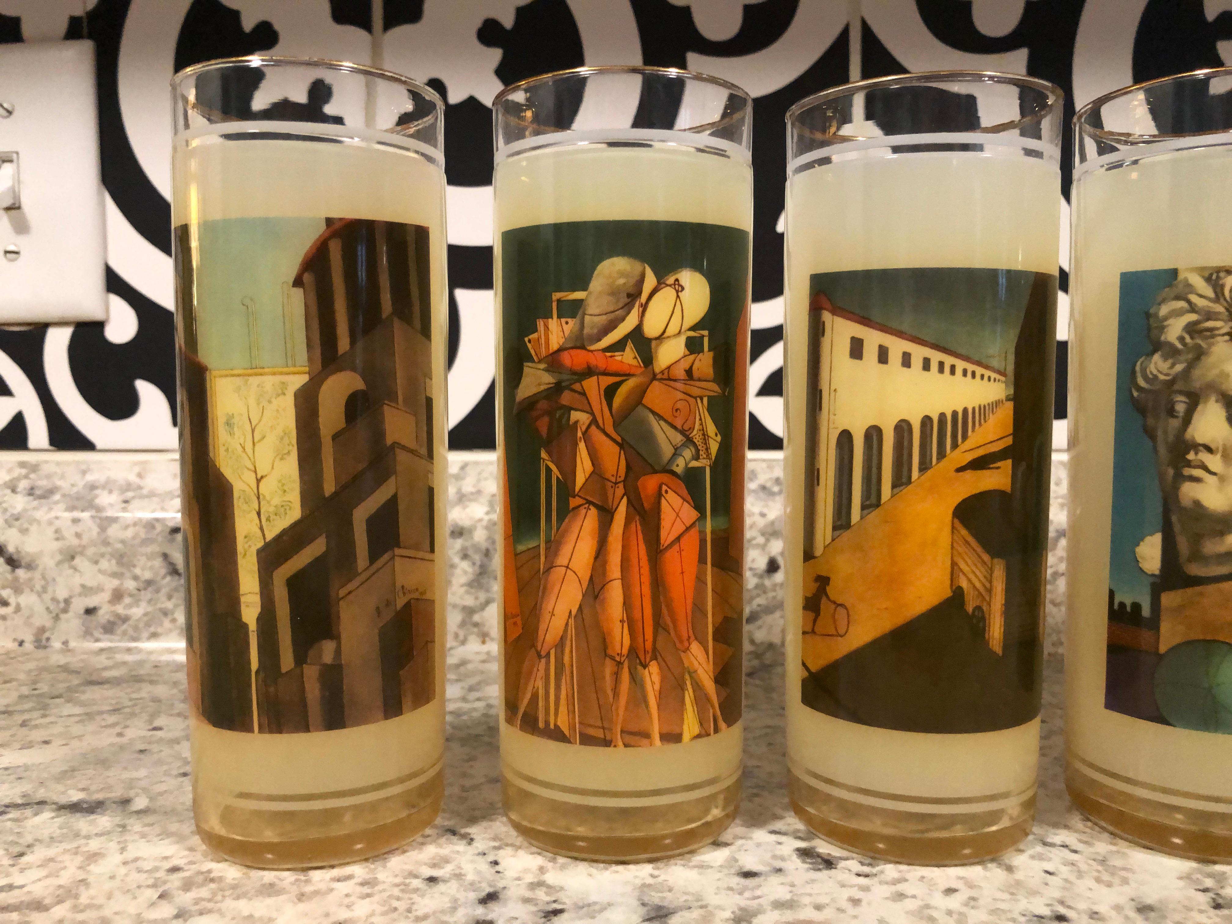 American Set Of Giorgio De Chirico Inspired Drinking Glasses Highball Mid-Century Modern For Sale