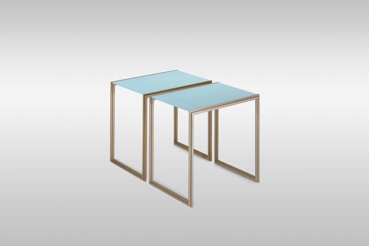 Minimalist Set of Glass and Natural Brass Occasional Handmade Table, by P.Tendercool For Sale