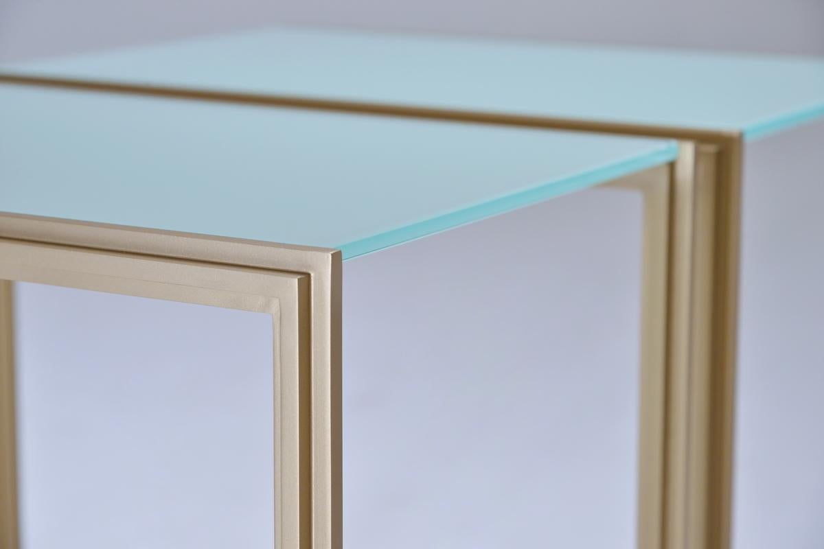 Hand-Crafted Set of Glass and Natural Brass Occasional Handmade Table, by P.Tendercool For Sale