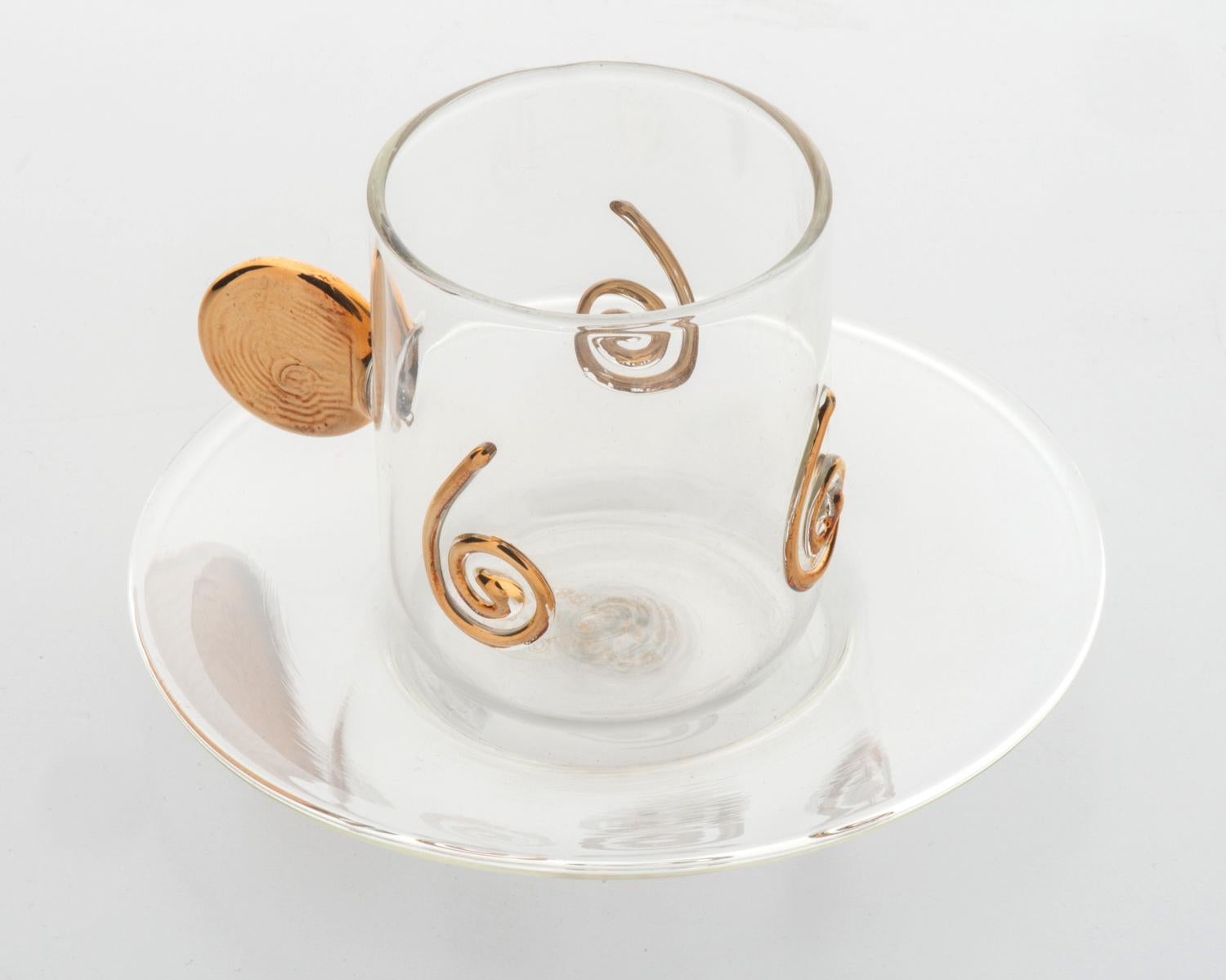 Hand-Painted Set of Italian Glass Cups for Coffee with Golden Handles For Sale