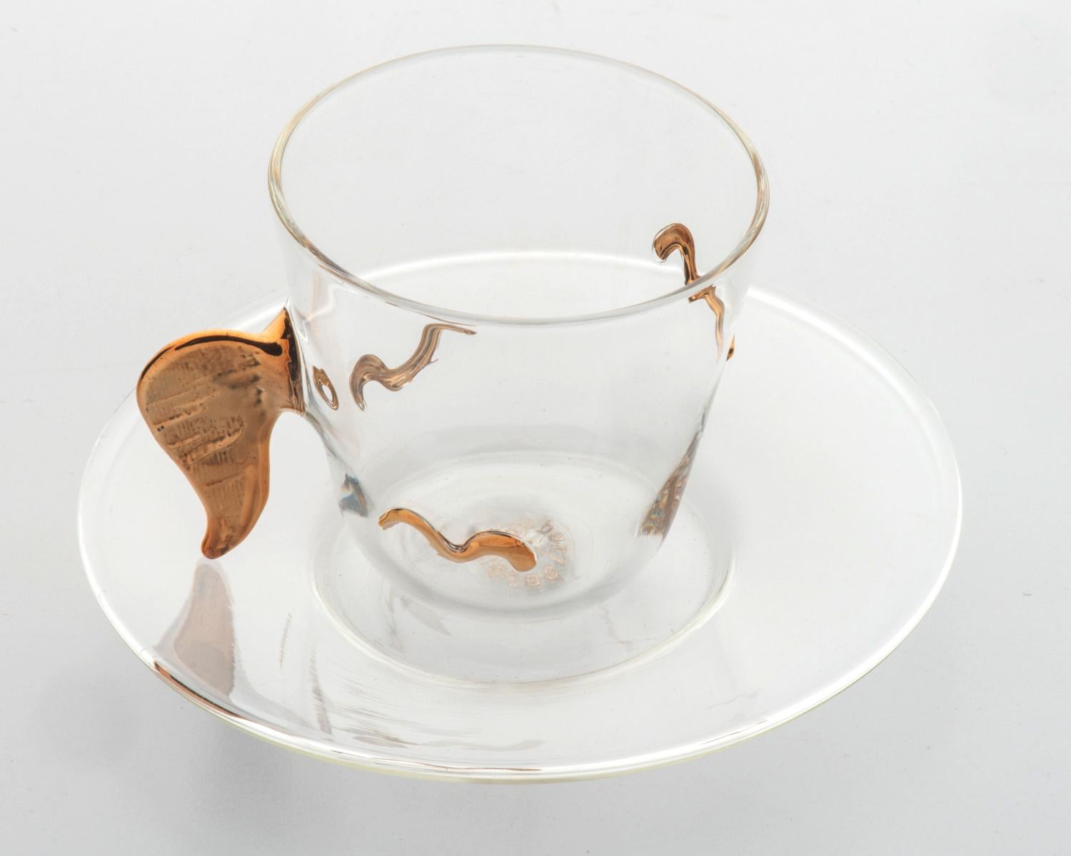 20th Century Set of Italian Glass Cups for Coffee with Golden Handles For Sale