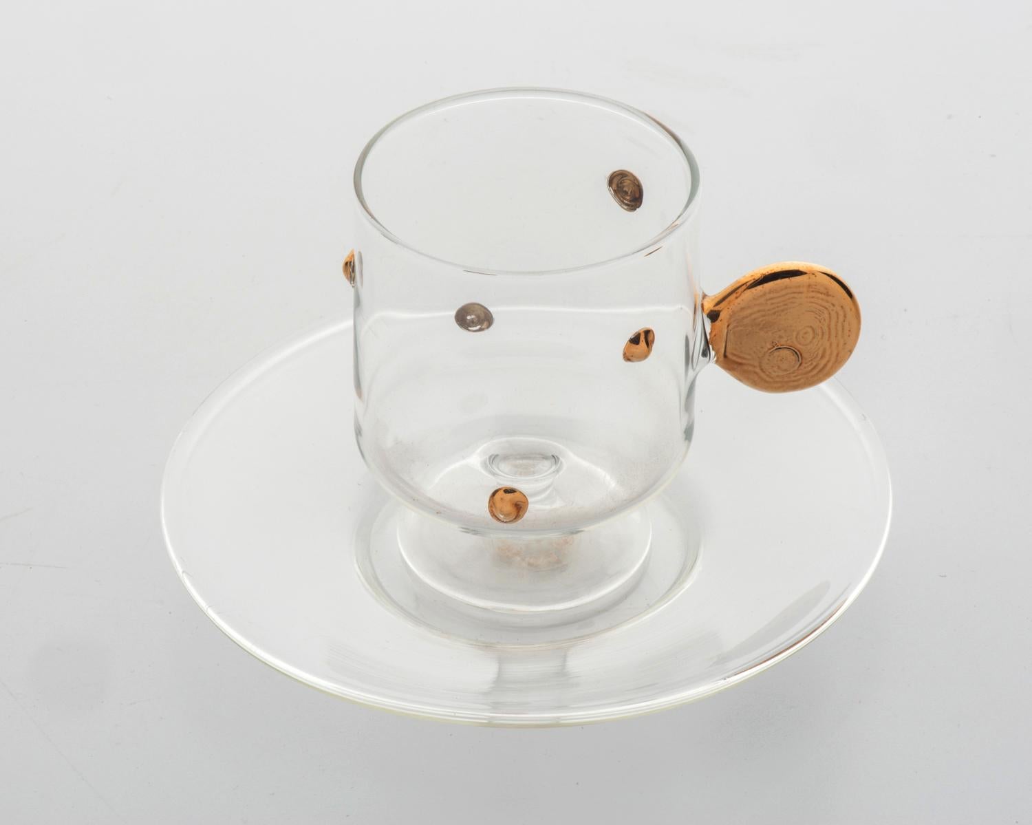Set of Italian Glass Cups for Coffee with Golden Handles For Sale 1