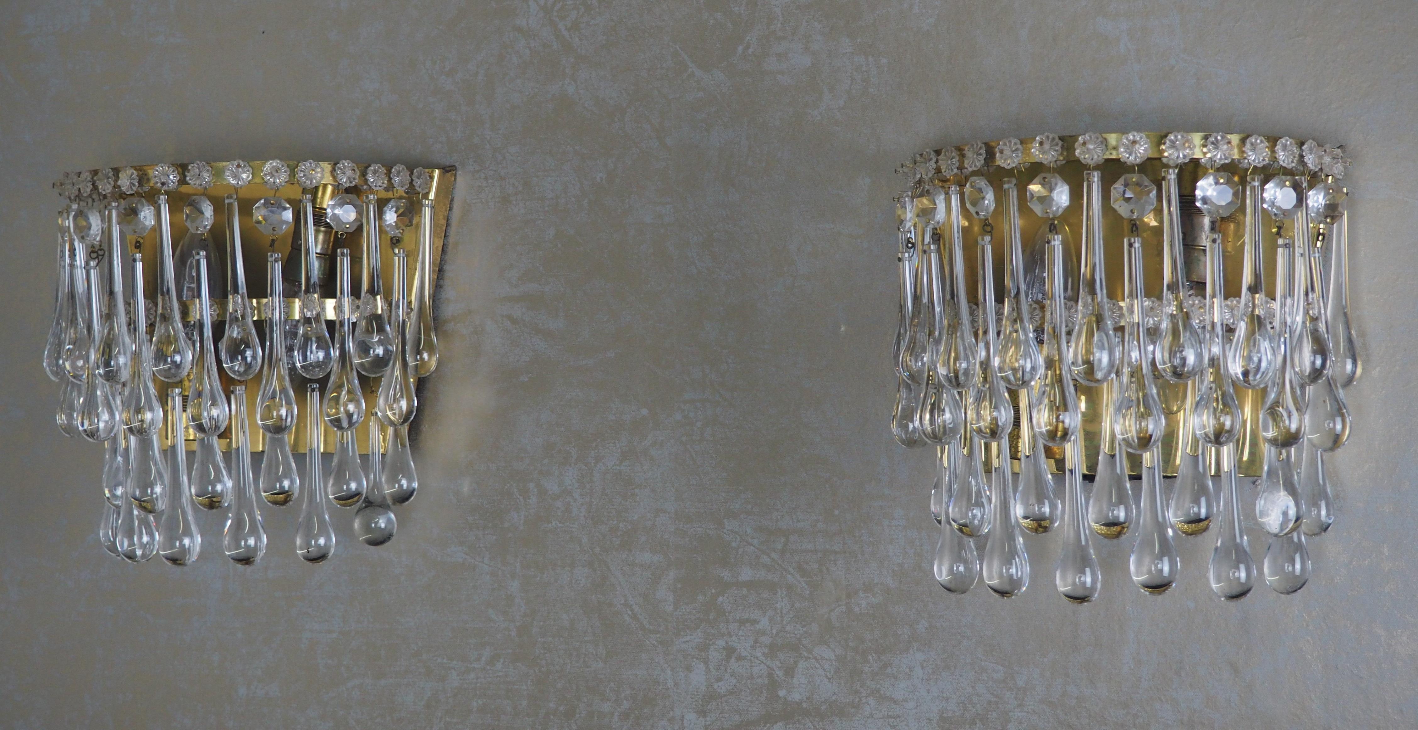 Brass Mid-Century Murano Glass Tear Drop Light Fixtures, circa 1960s For Sale