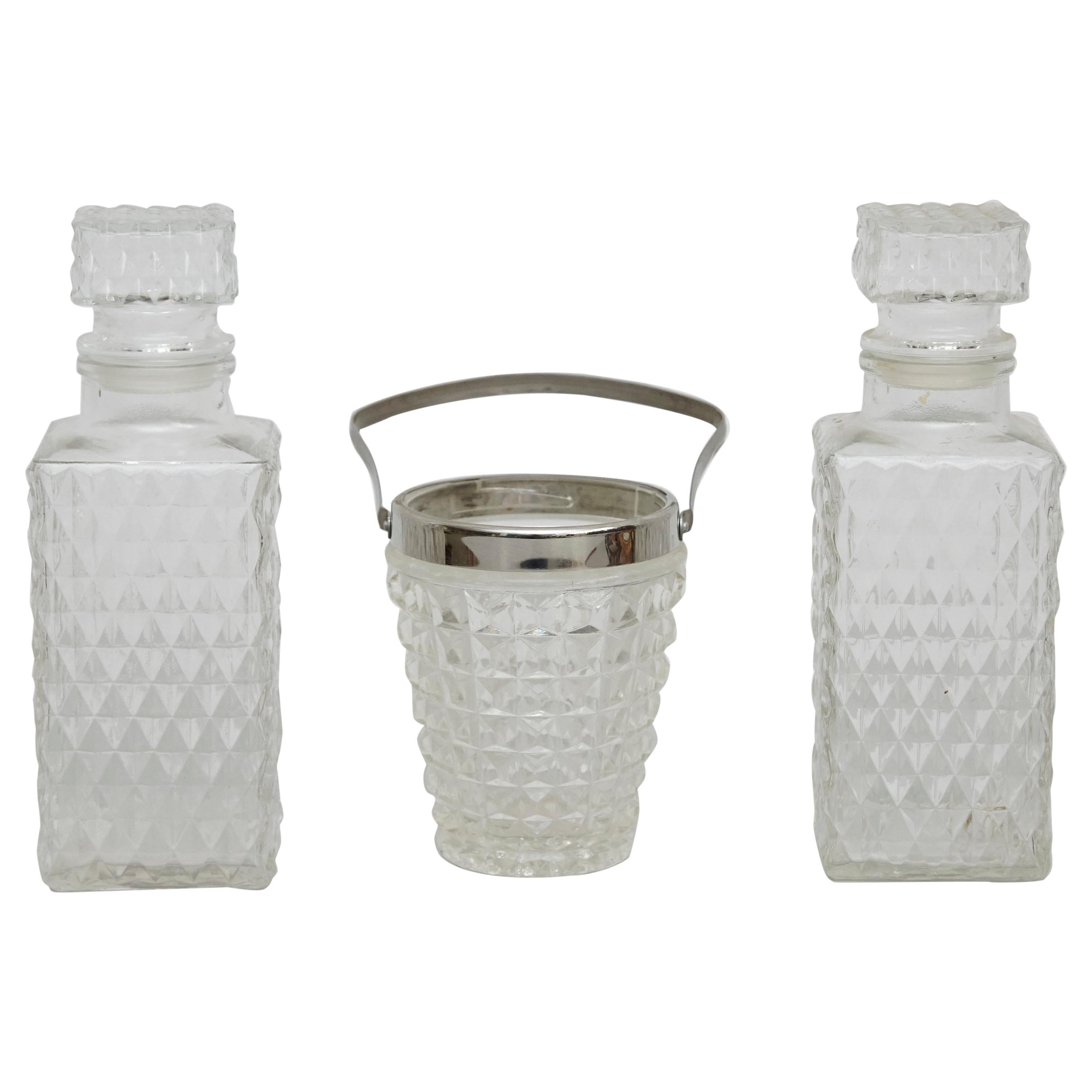 Set of Glass Whisky Bottles and Ice Bucket, circa 1950