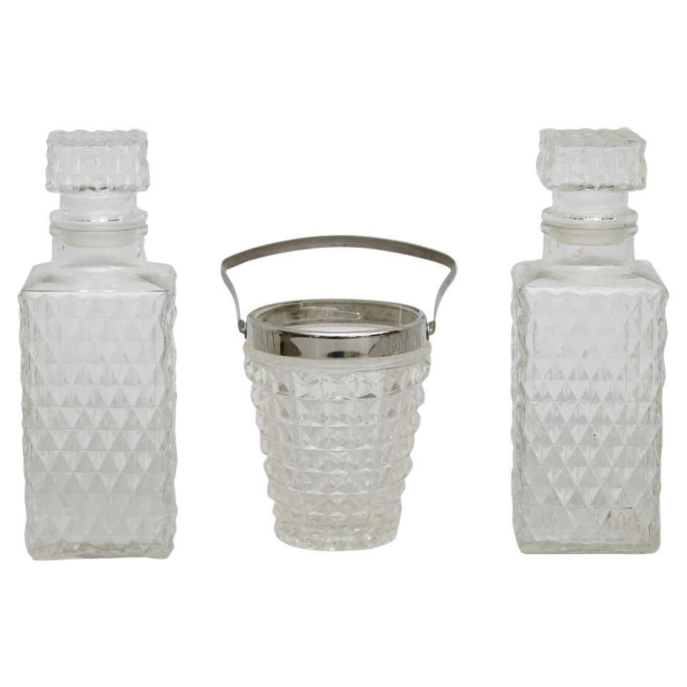 Set of Glass Whisky Bottles and Ice Bucket, circa 1950 For Sale