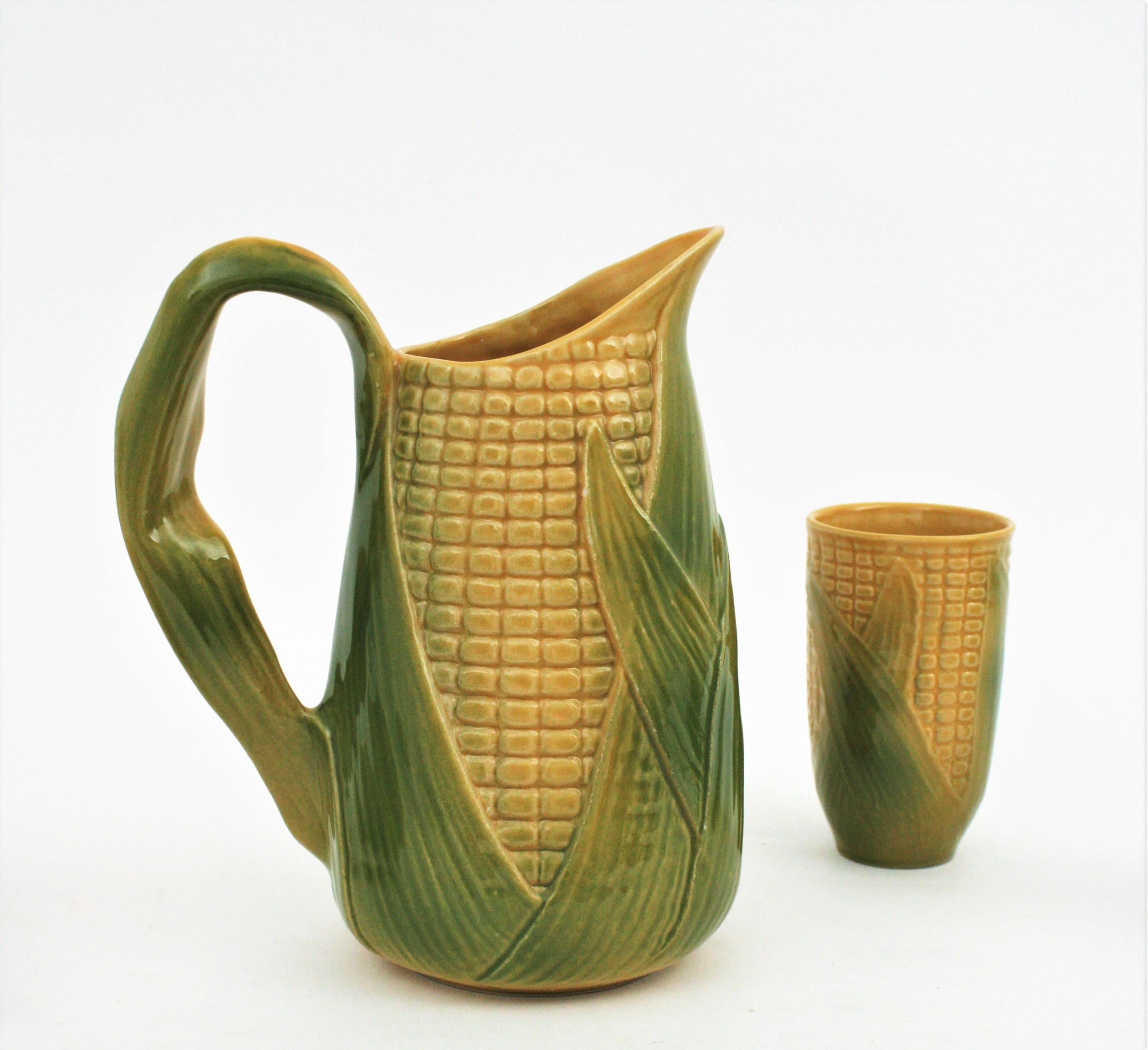 Majolica Set of Glazed Ceramic Corn on the Cob Glasses and Pitcher, France, 1960s For Sale