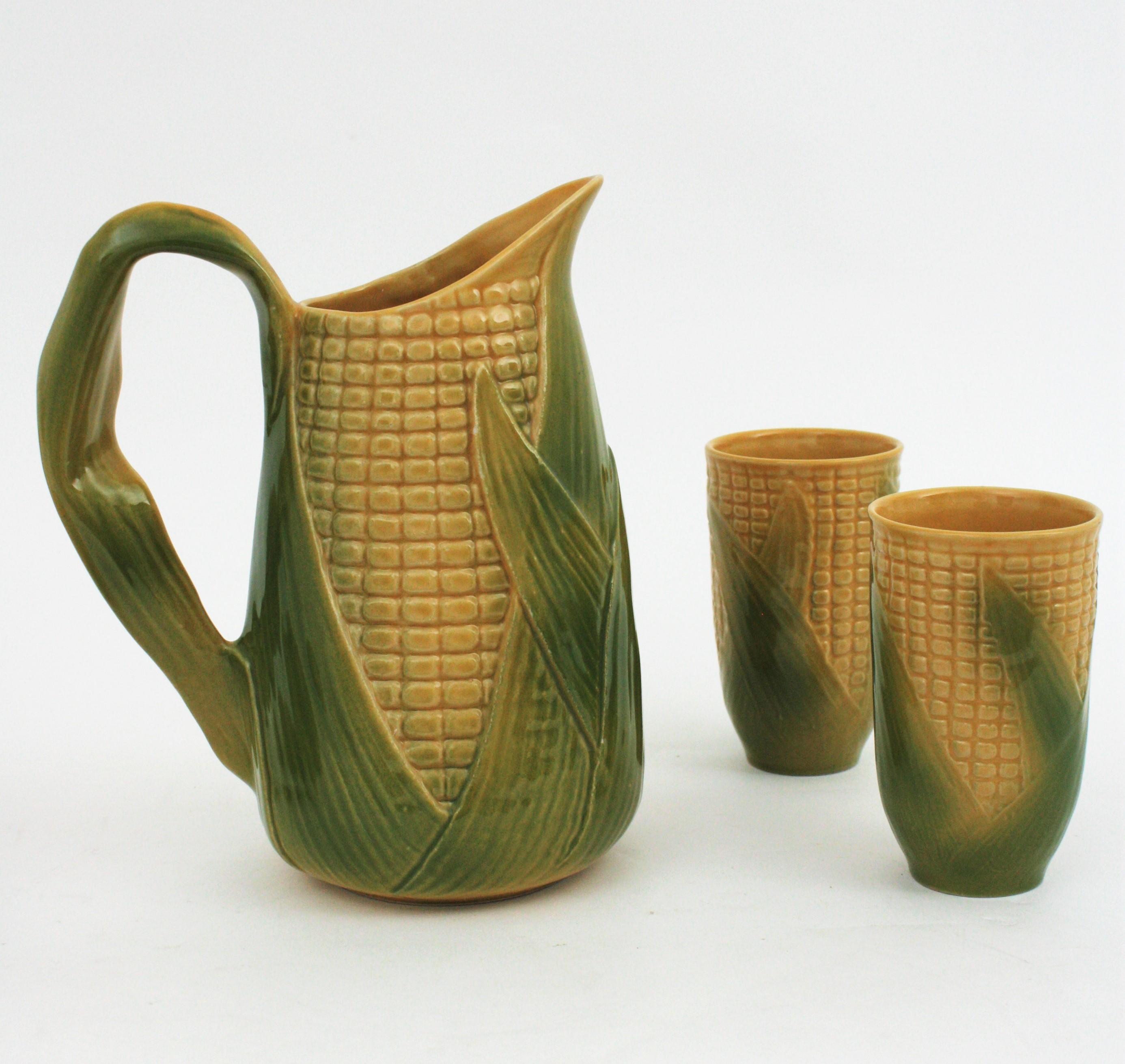 Set of Glazed Ceramic Corn on the Cob Glasses and Pitcher, France, 1960s For Sale 1