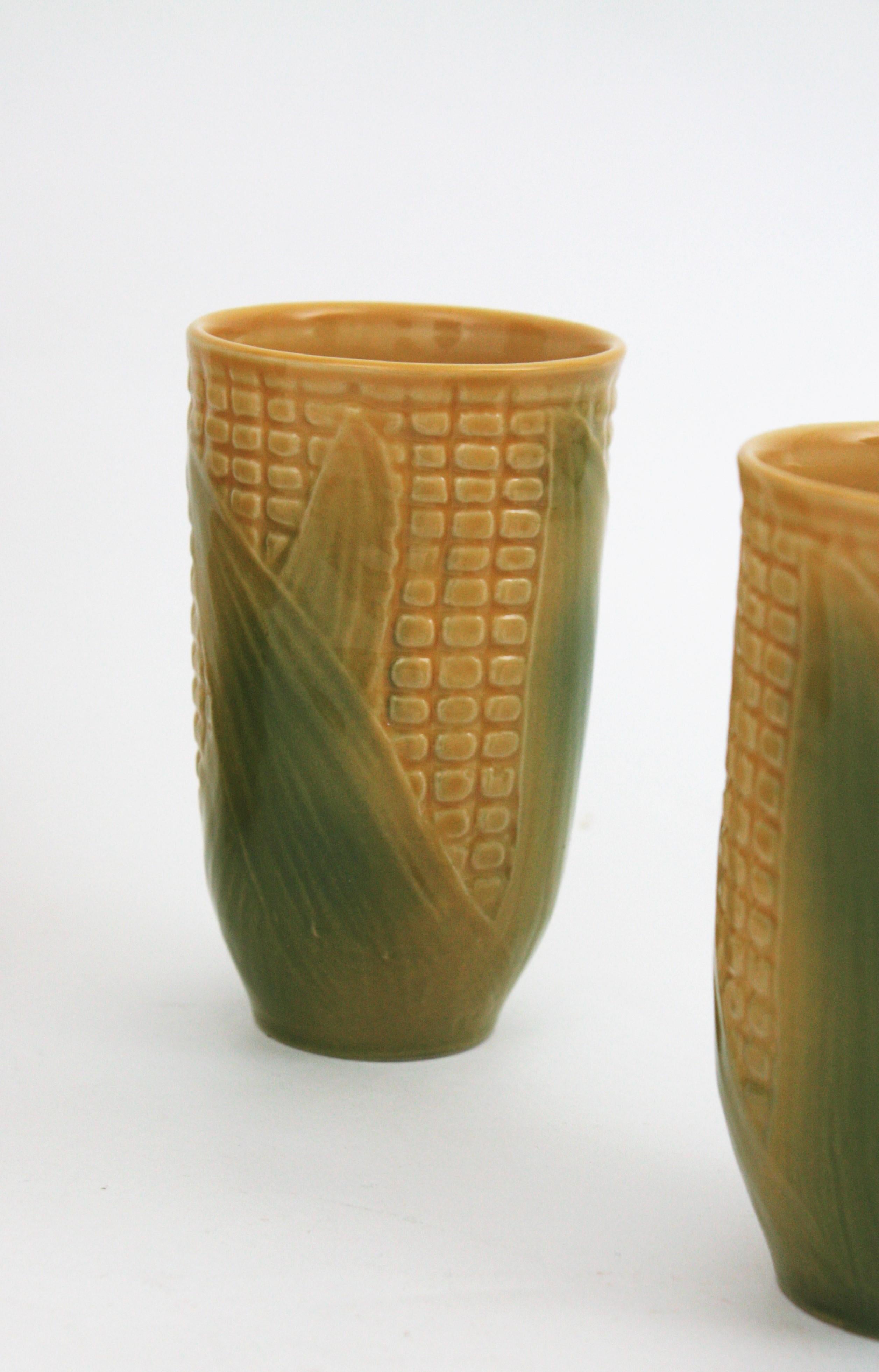 Mid-Century Modern Set of Glazed Ceramic Corn on the Cob Glasses and Pitcher, France, 1960s For Sale