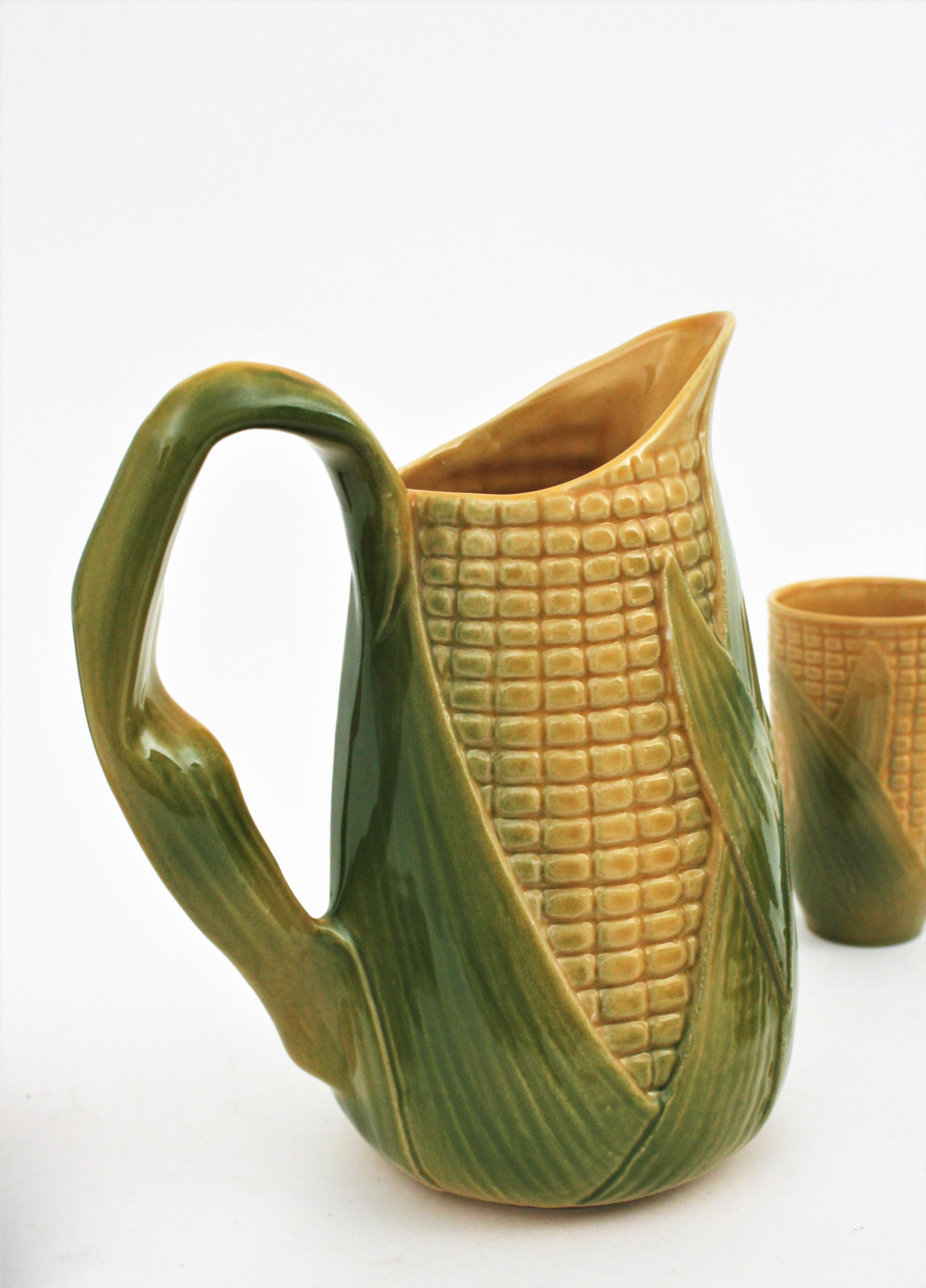 20th Century Set of Glazed Ceramic Corn on the Cob Glasses and Pitcher, France, 1960s For Sale