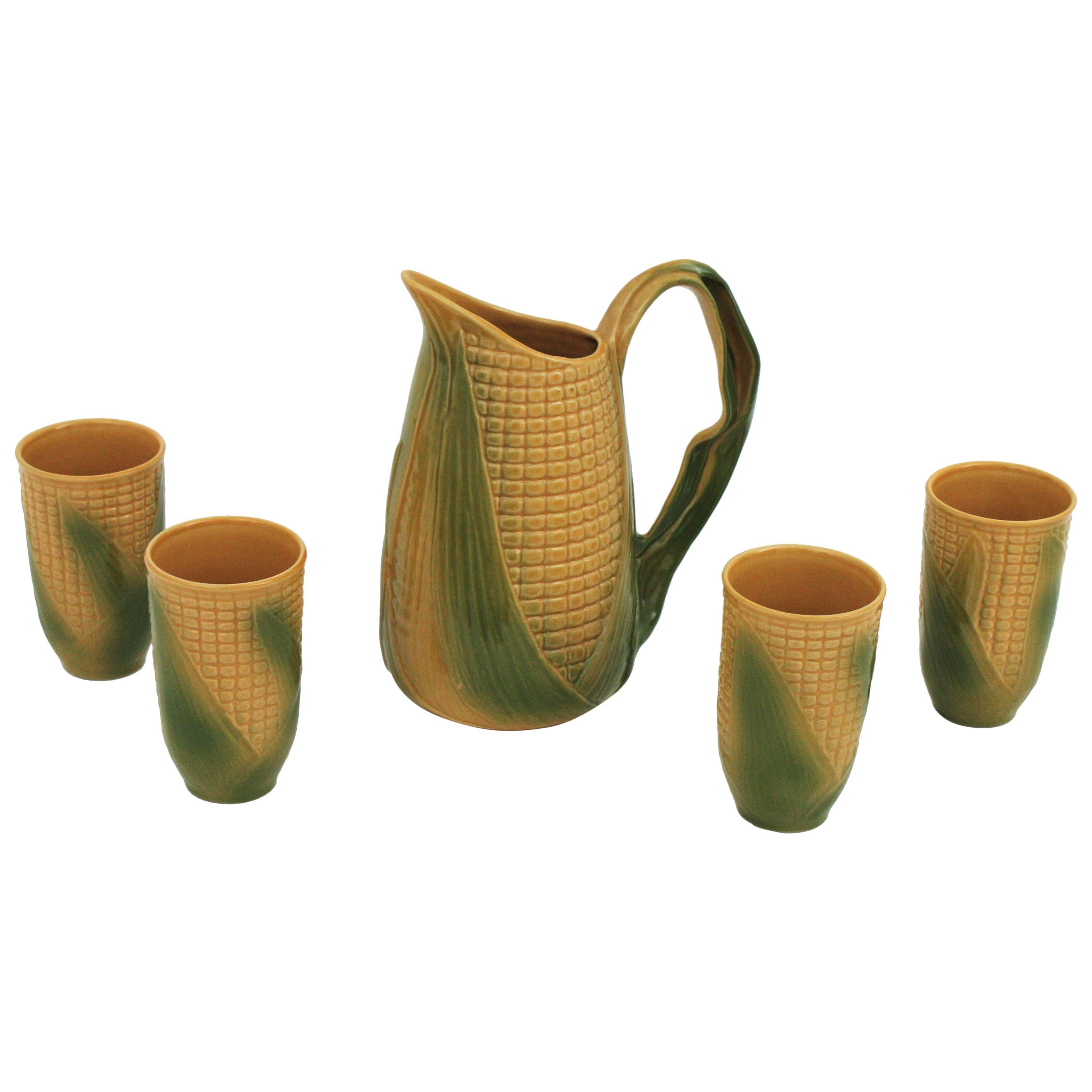 Set of Glazed Ceramic Corn on the Cob Glasses and Pitcher, France, 1960s For Sale