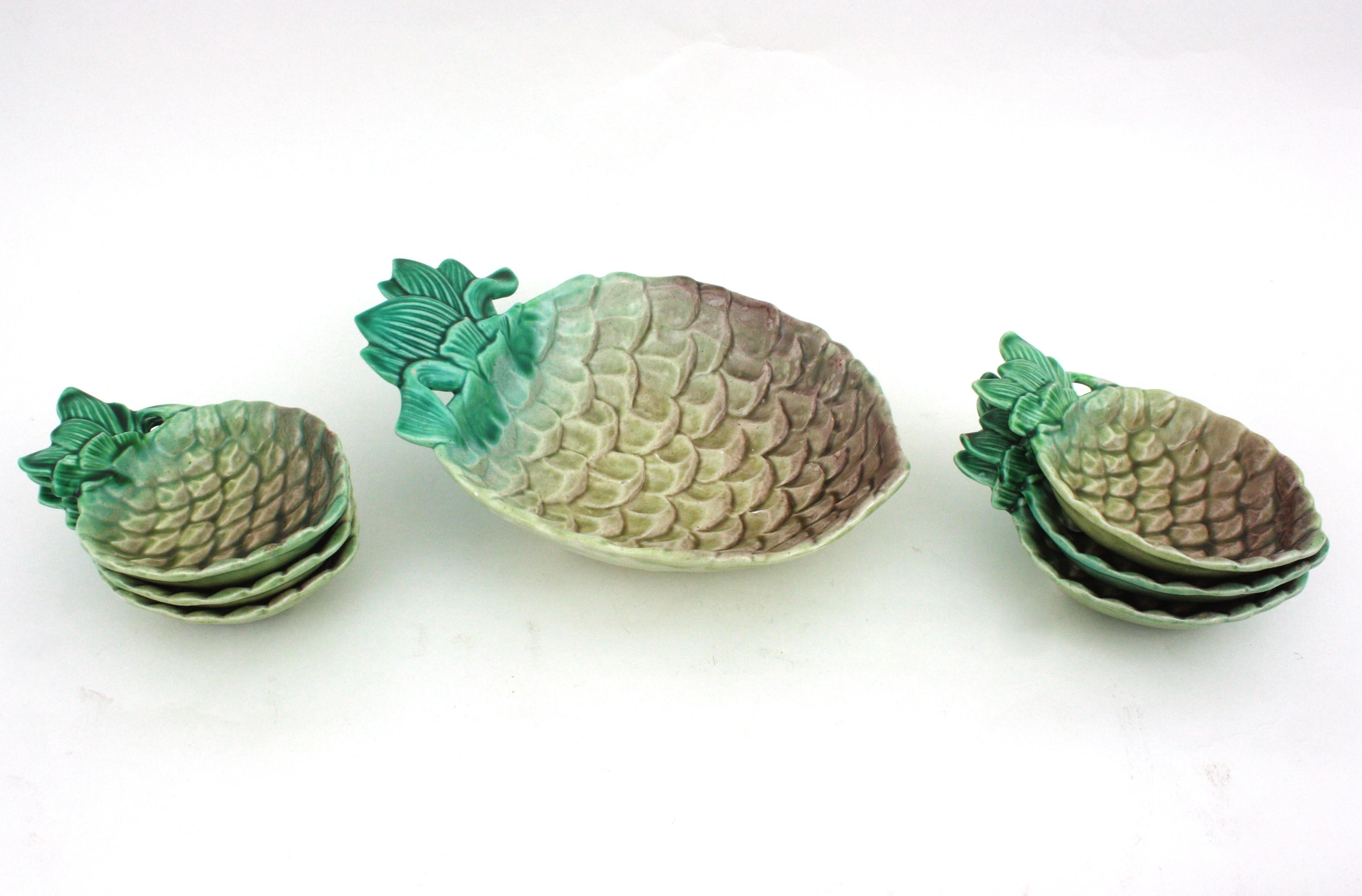 20th Century Set of Glazed Ceramic Pineapple Dessert Serving or Appetizer Snack Bowls For Sale