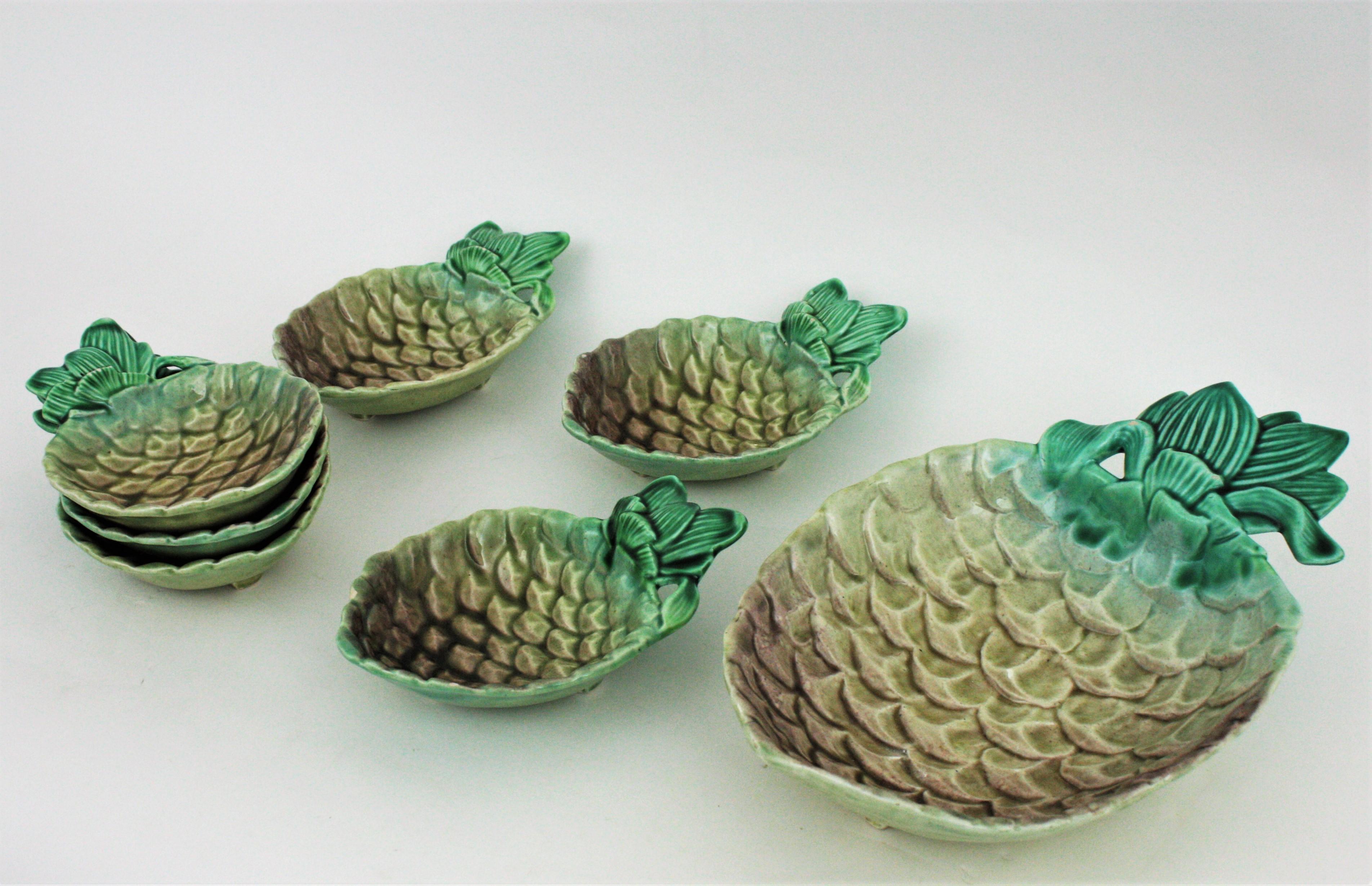 Set of Glazed Ceramic Pineapple Dessert Serving or Appetizer Snack Bowls For Sale 2