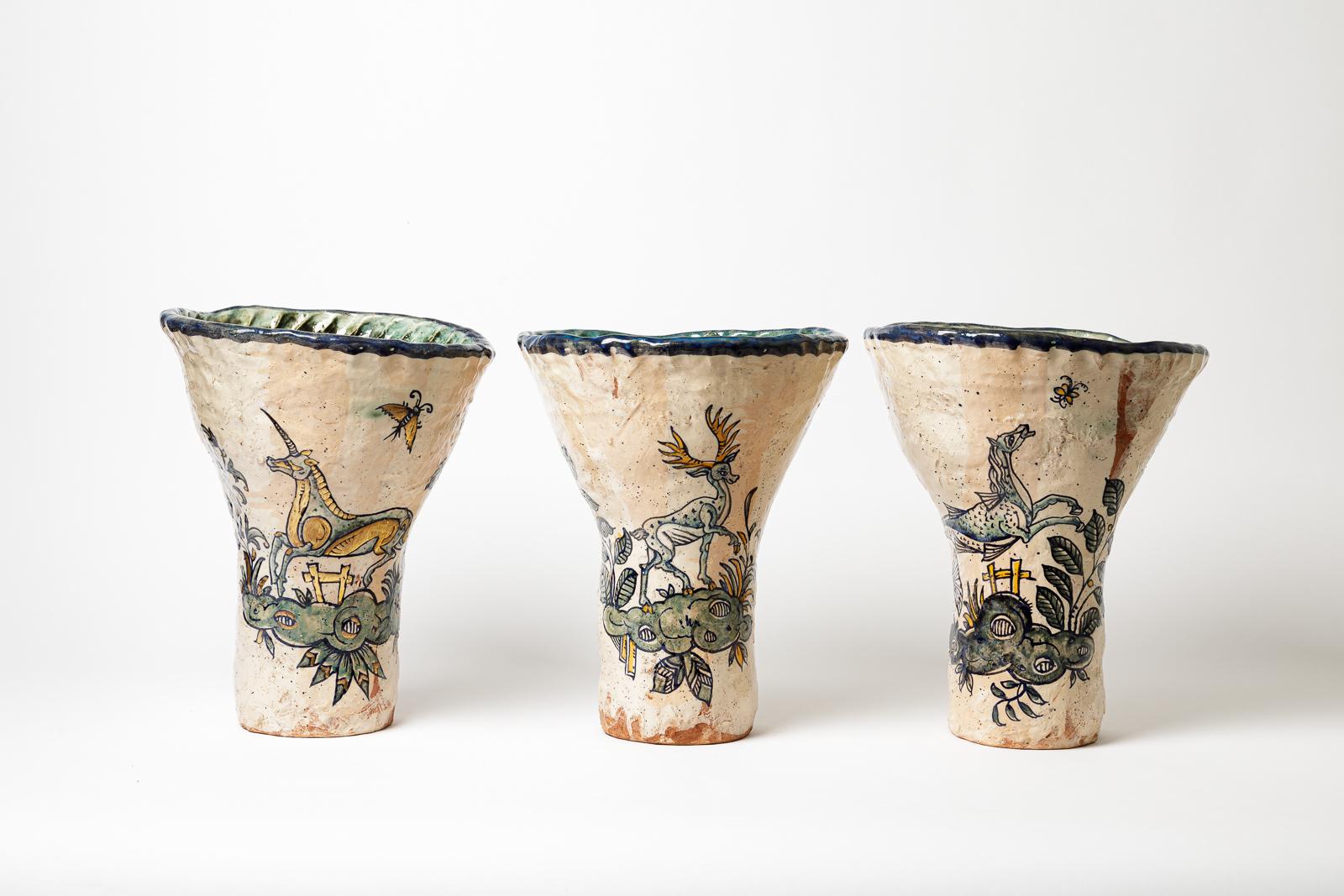 Glazed earthenware vase, decorated with fantastical animals by Jérôme Galvin. 
Artist’s signature at the base «J.Galvin». 2020. Unique piece.
H: 14.6 × 14.2 × 13.8 inches.

Glazed earthenware vase, decorated with fantastical animals by Jérôme