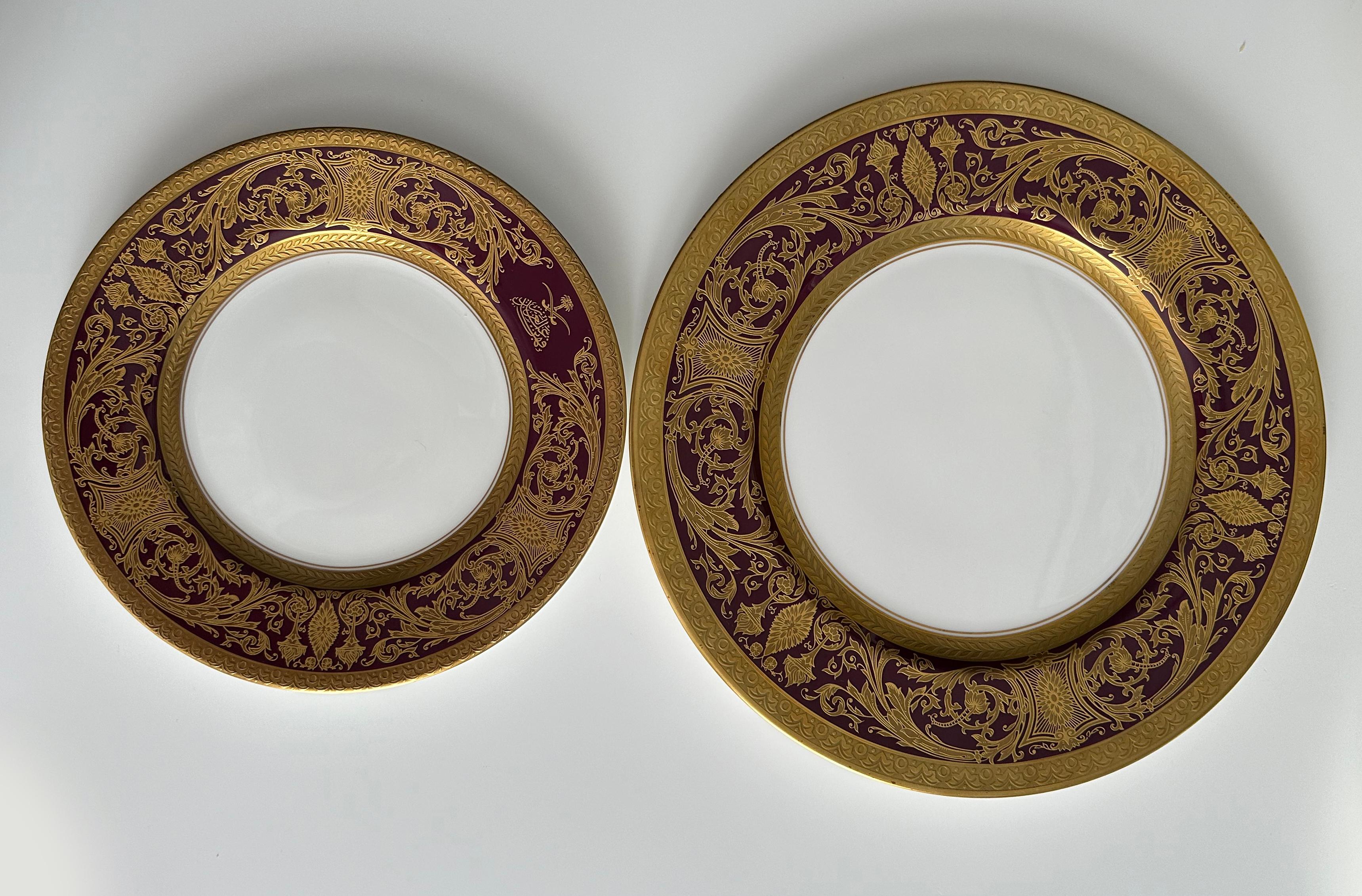 Set of Gold and Burgundy Decorative Plates Barocco Style by De Lamerie
Fine bone china with hand engraving, 22K gold plated

Decorative plate, handmade in De Lameire factory, England as custom made order. Fine bone china. Model from the private