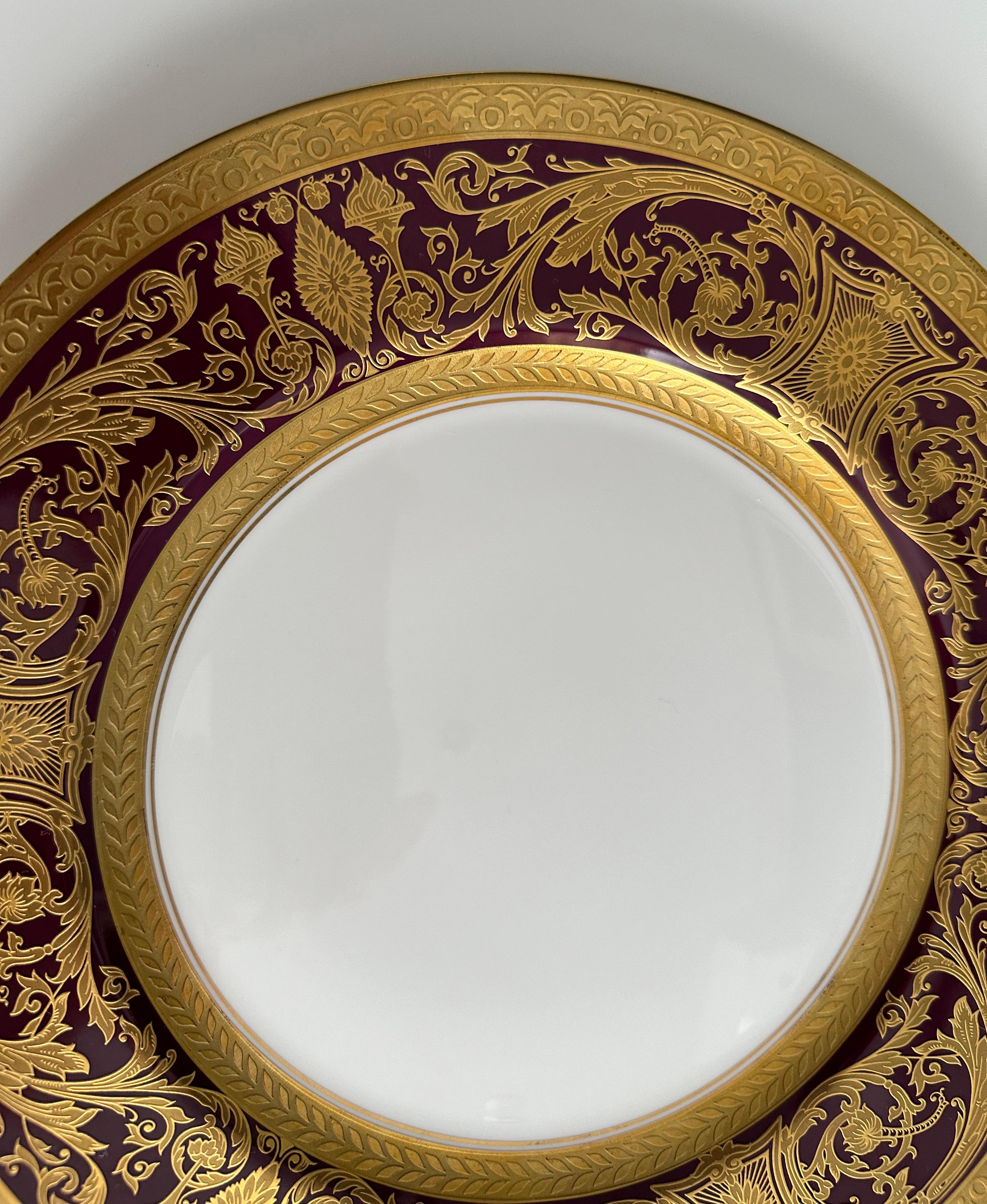 English Set of Gold and Burgundy Decorative Plates Barocco Style by De Lamerie For Sale