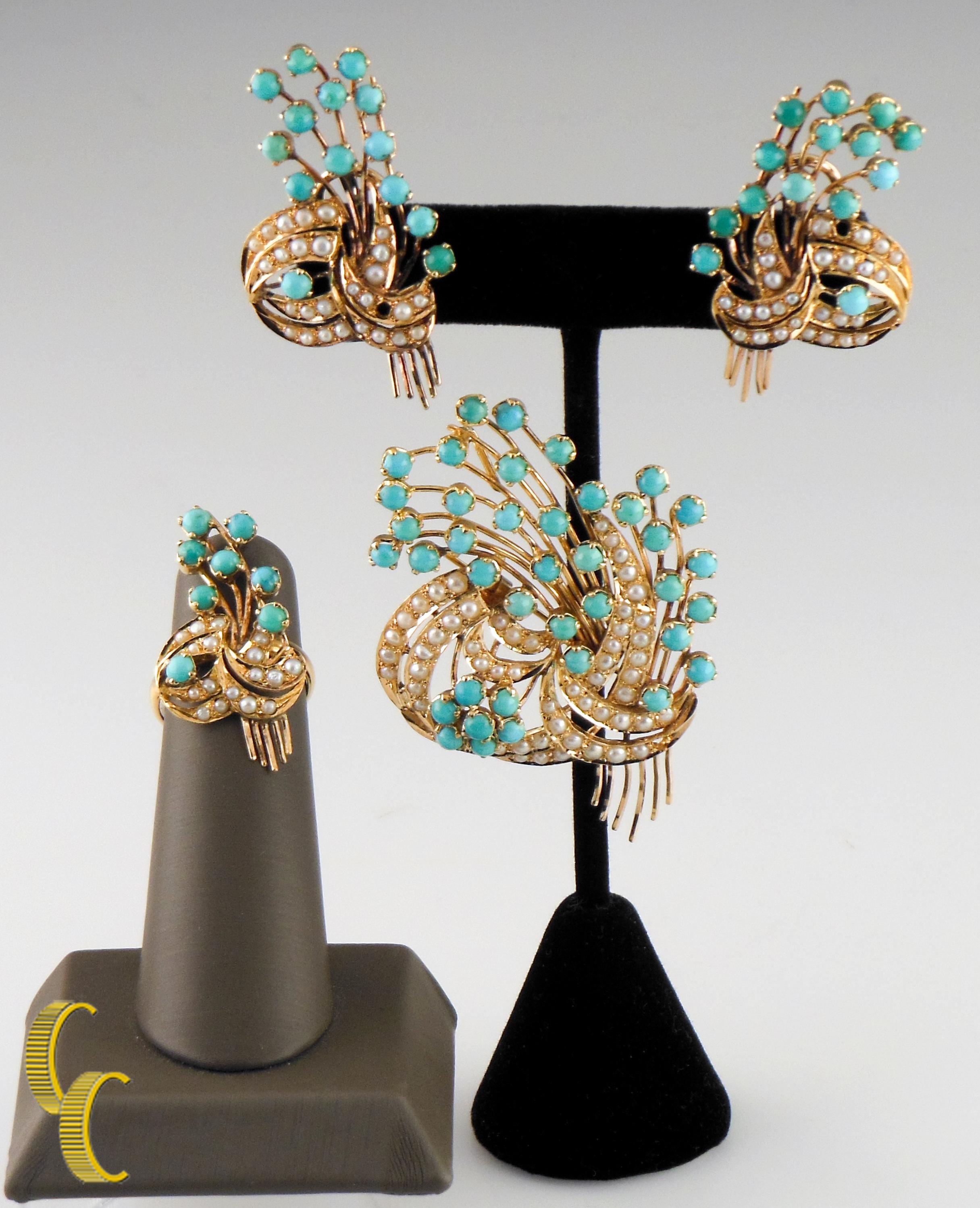 Gorgeous Set of Earrings, Brooch, and Ring w/ Fan-Like Designs Set with Turquoise and Pearl Cabochons
Ring size- 6.5
Fan Setting is 39 mm Long and 18 mm Wide on Ring
Fan Setting is 44 mm Long and 24 mm Wide on Earrings (Pierced w/ Omega Backs)
Fan