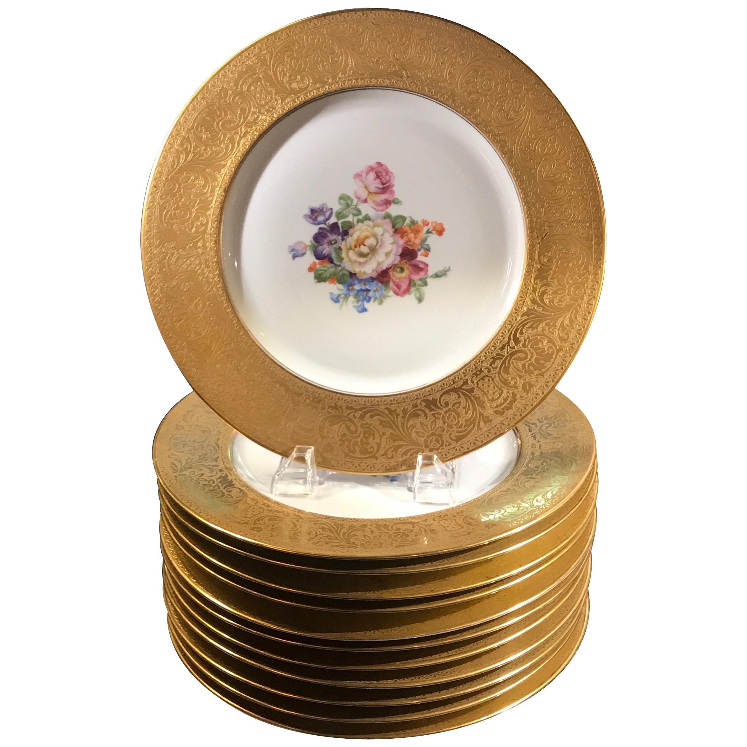 Set of Gold Encrusted Border Floral Dinner Service Plates